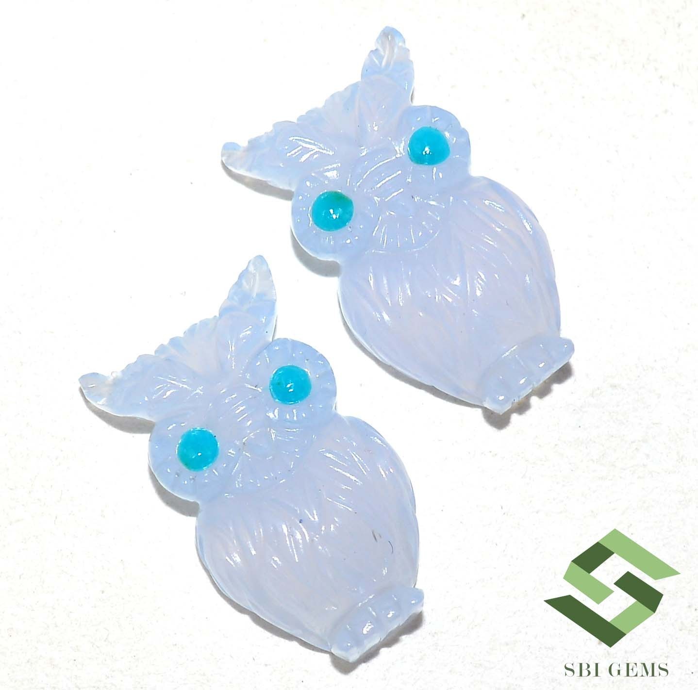 24×14 mm Natural Chalcedony Owl Shape Handmade Carving Pair 27.75 CTS Gemstones