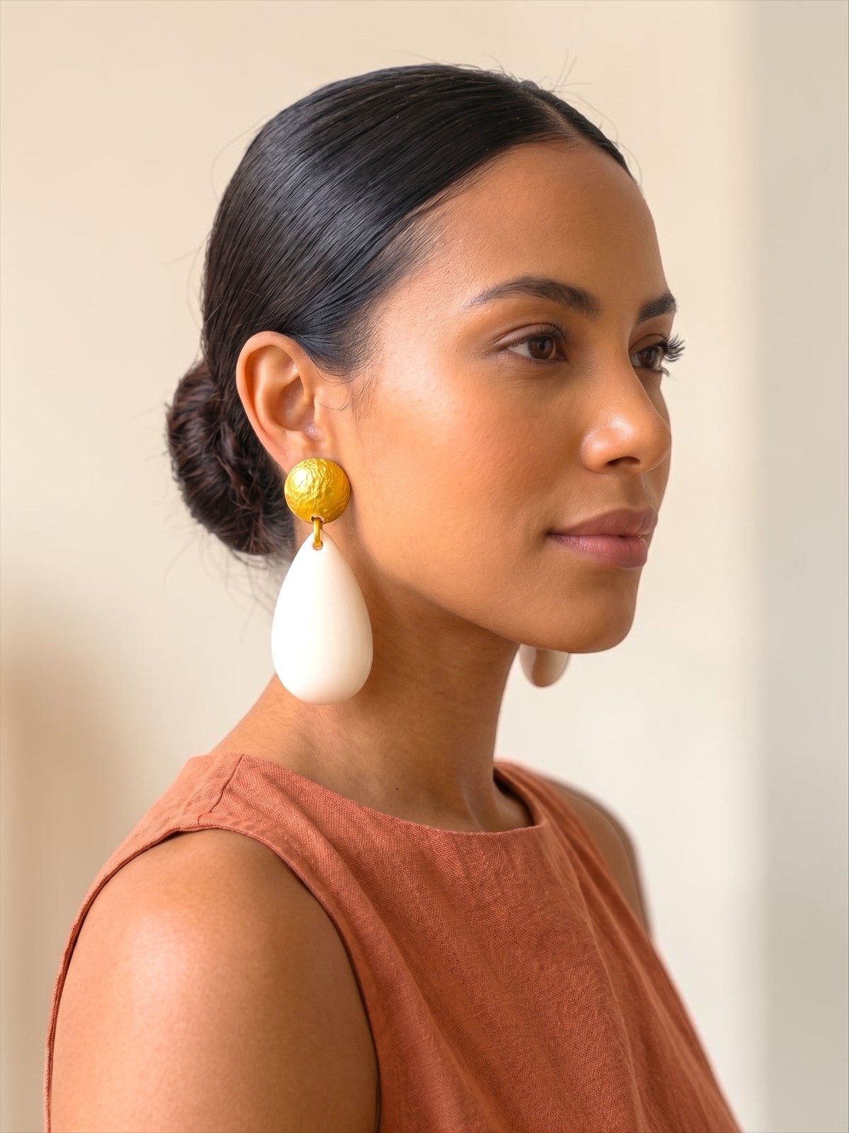 White Resin Teardrop Earrings Gold Stud Statement Drop Dangle Wedding Party Chic