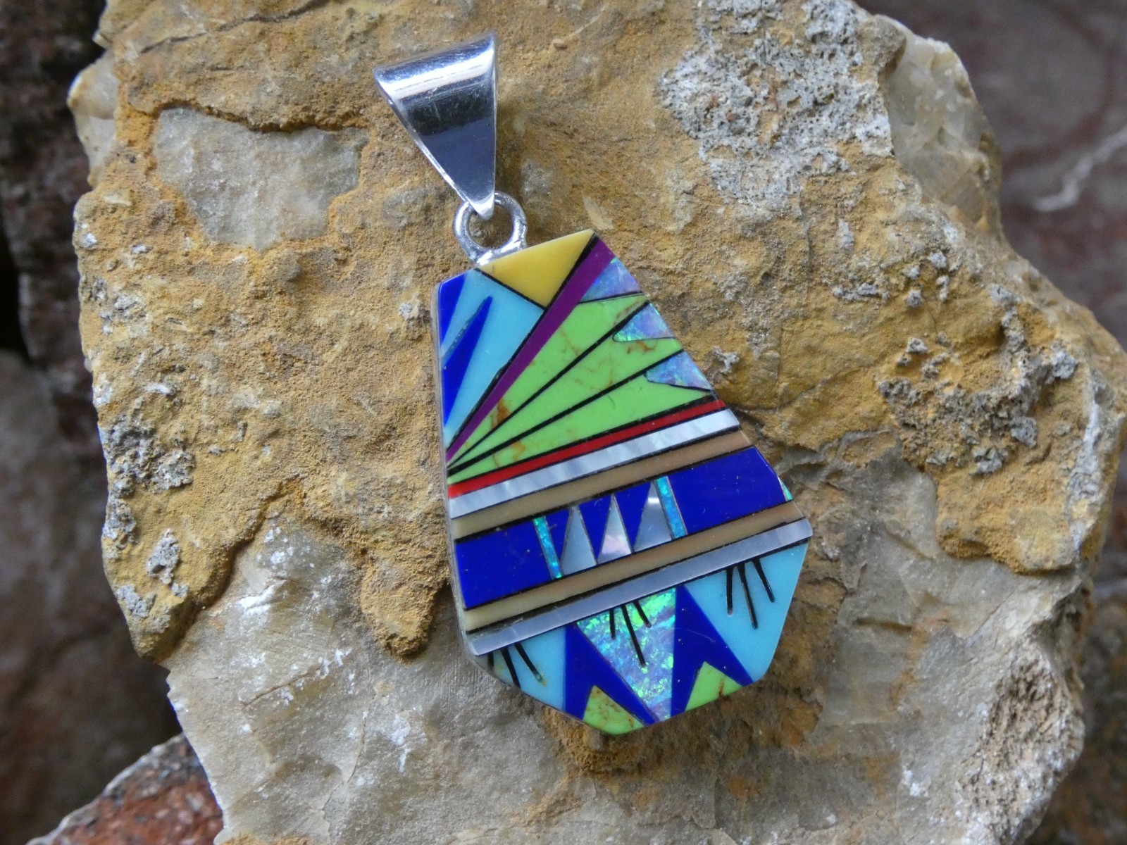 Southwestern Micro Inlay Gemstone Sterling Silver Aluminum Alloy Pendant AT5