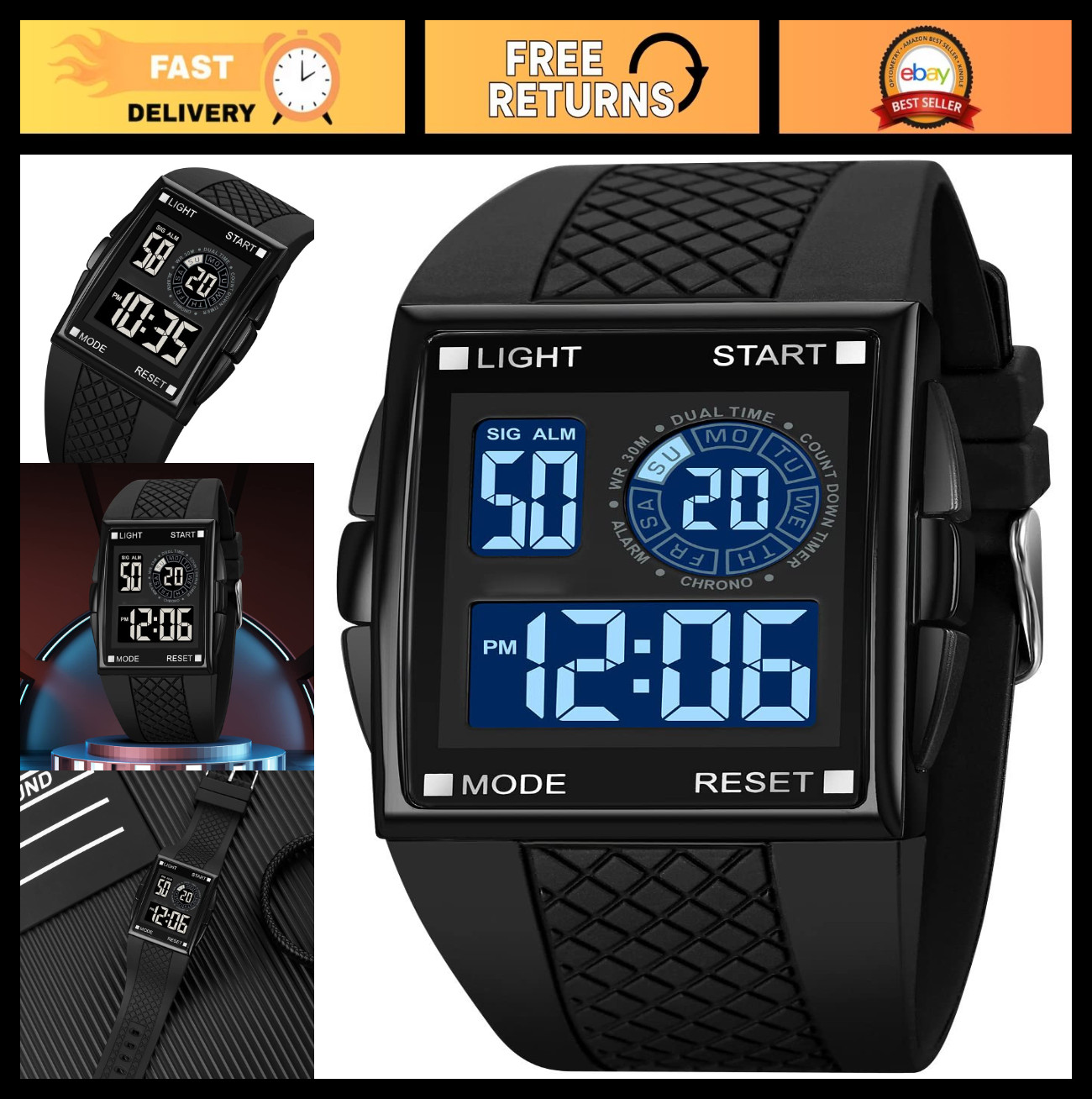 Unisex Digital LED Sports Watch – Waterproof Alarm Bracelet with Backlight, Rubb