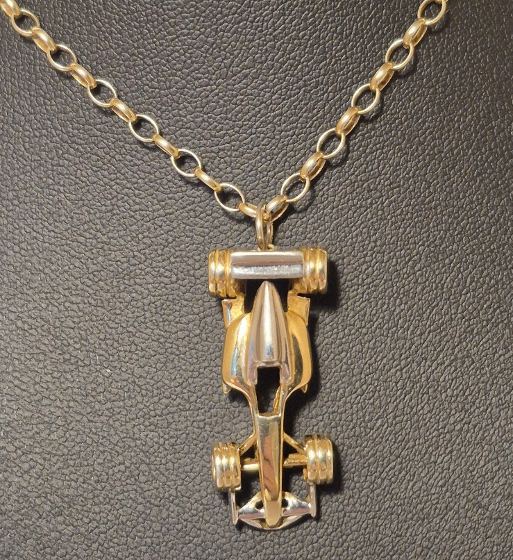 Rare Gold Plated Sterling Silver Formula One Racing Car Pendant & Necklace Boxed