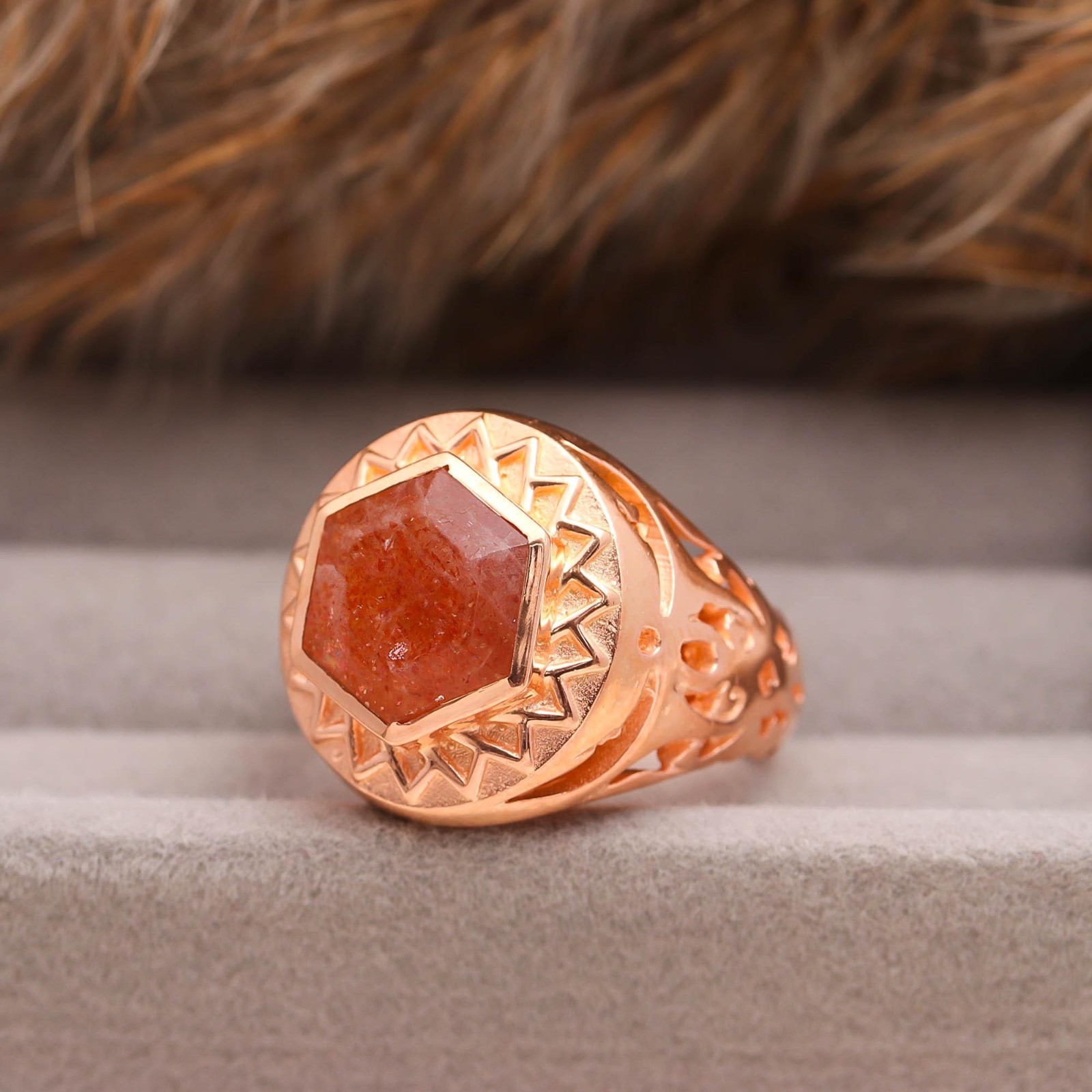 Natural Red Strawberry Hexagon Ring Rose Gold Fill 925 Sterling Silver Jewelry
