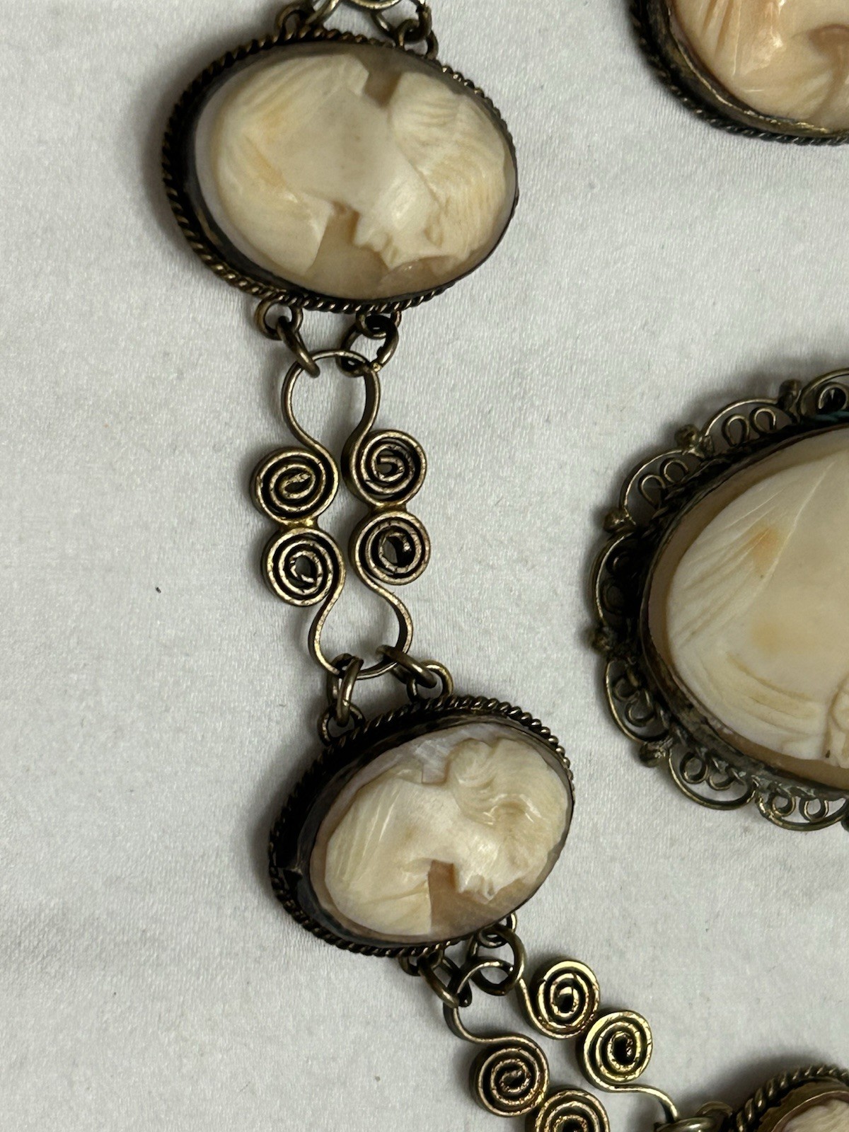Antique Hand Carved Shell Cameo Brooch, Pendant & Bracelet Filigree Unmarked