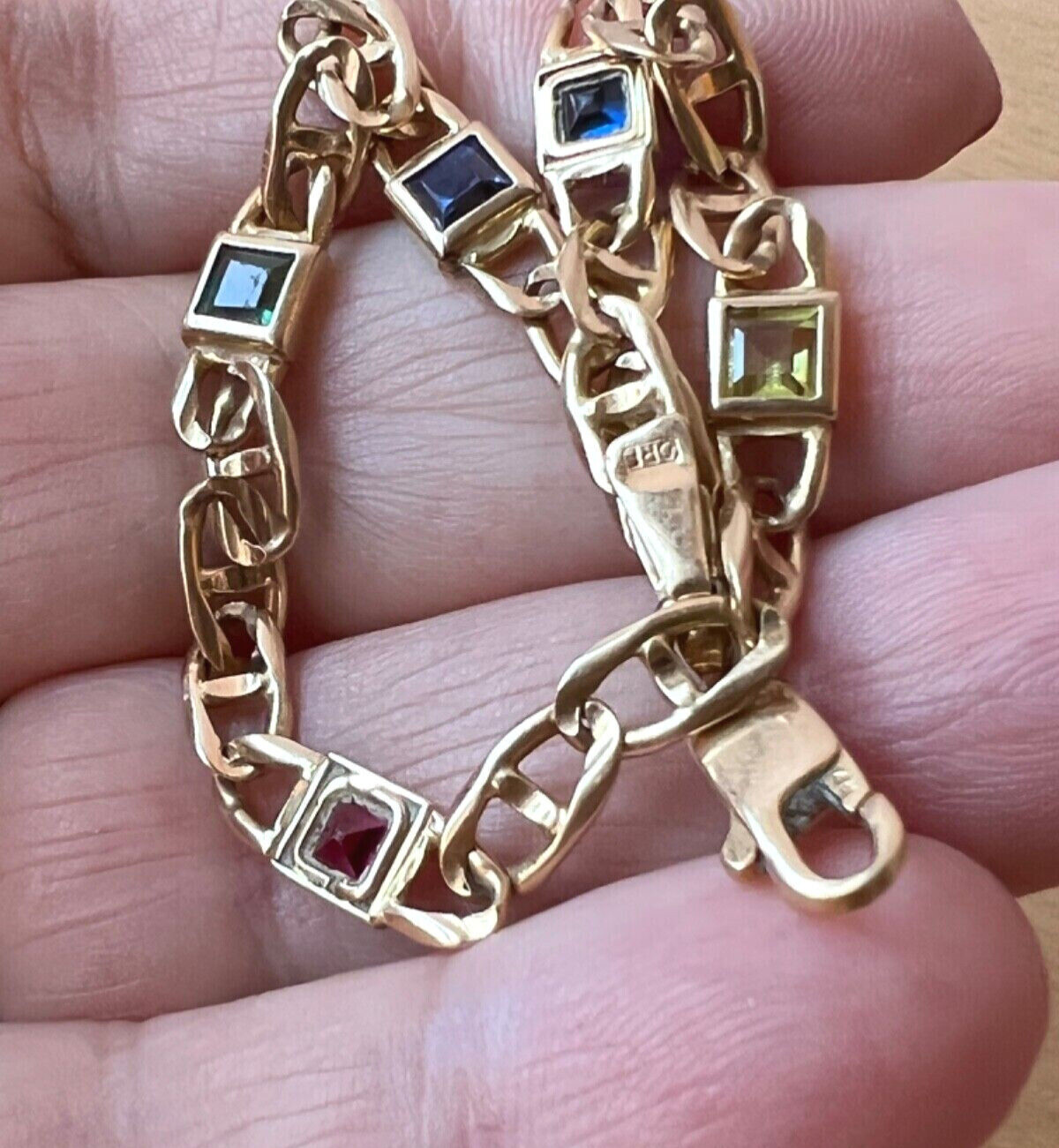14K YELLOW GOLD MULTI GEMSTONES FIGARO BRACELET MADE IN ITALY CANDY COLORS