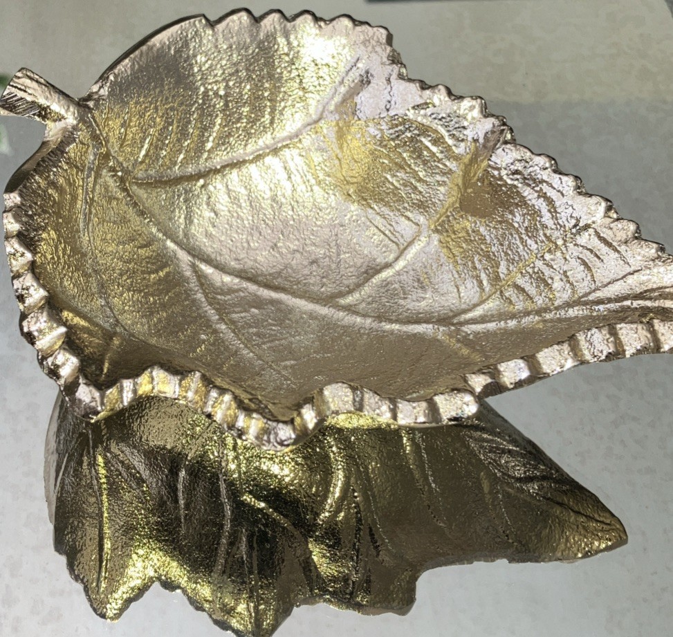 Trinket Dish Small Leaf Shaped Gold Jewelry Organizer Decorative Tray Table Top.