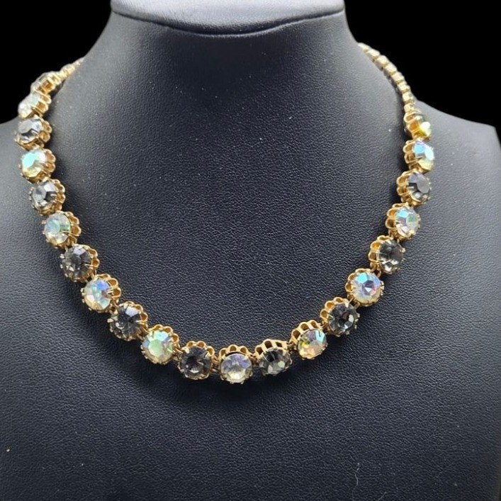 VTG AB Rhinestone Choker Necklace 15″ Scalloped Flower Closed Back Rivet Cup