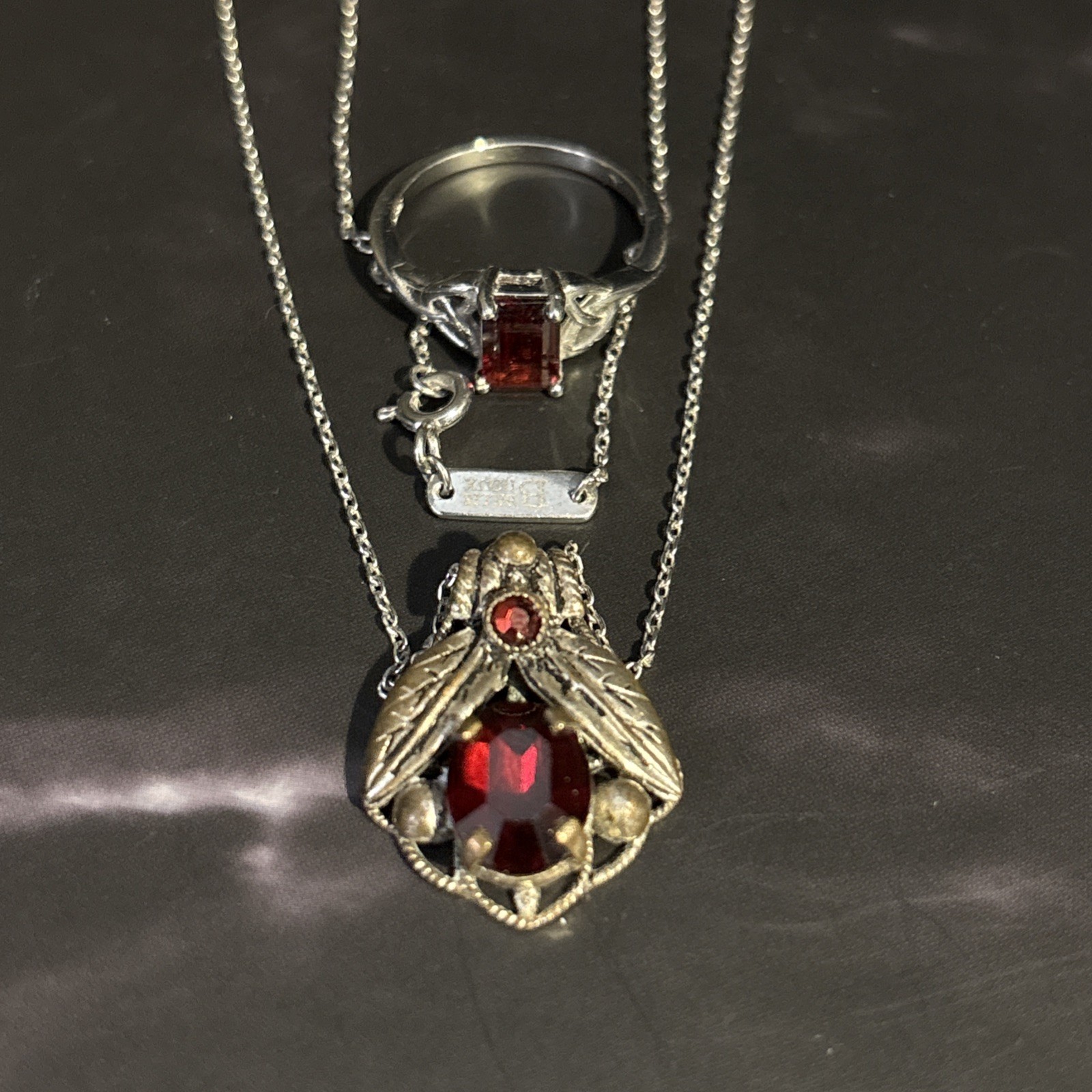 925 Sterling vintage Billie Bijoux Leaf Garnet Necklace & Pairing Tri-knot Ring!