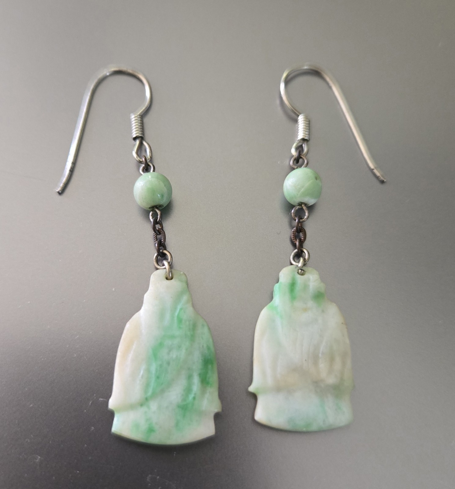 Antique Old Chinese Carved Jade figural Buddha Dangle Earrings Silver Wire