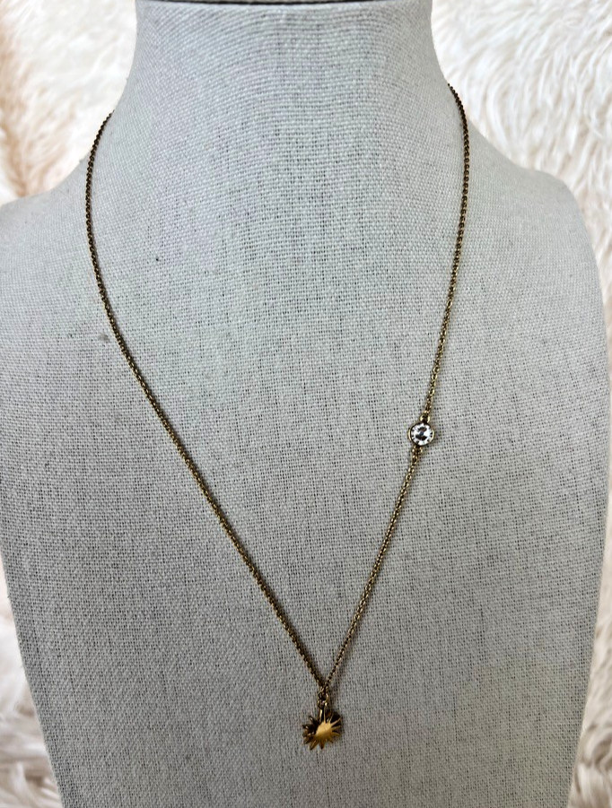 Alexa’s Angels Gold Tone Necklace Sunburst Charm Crystal Dainty Minimalist 17″