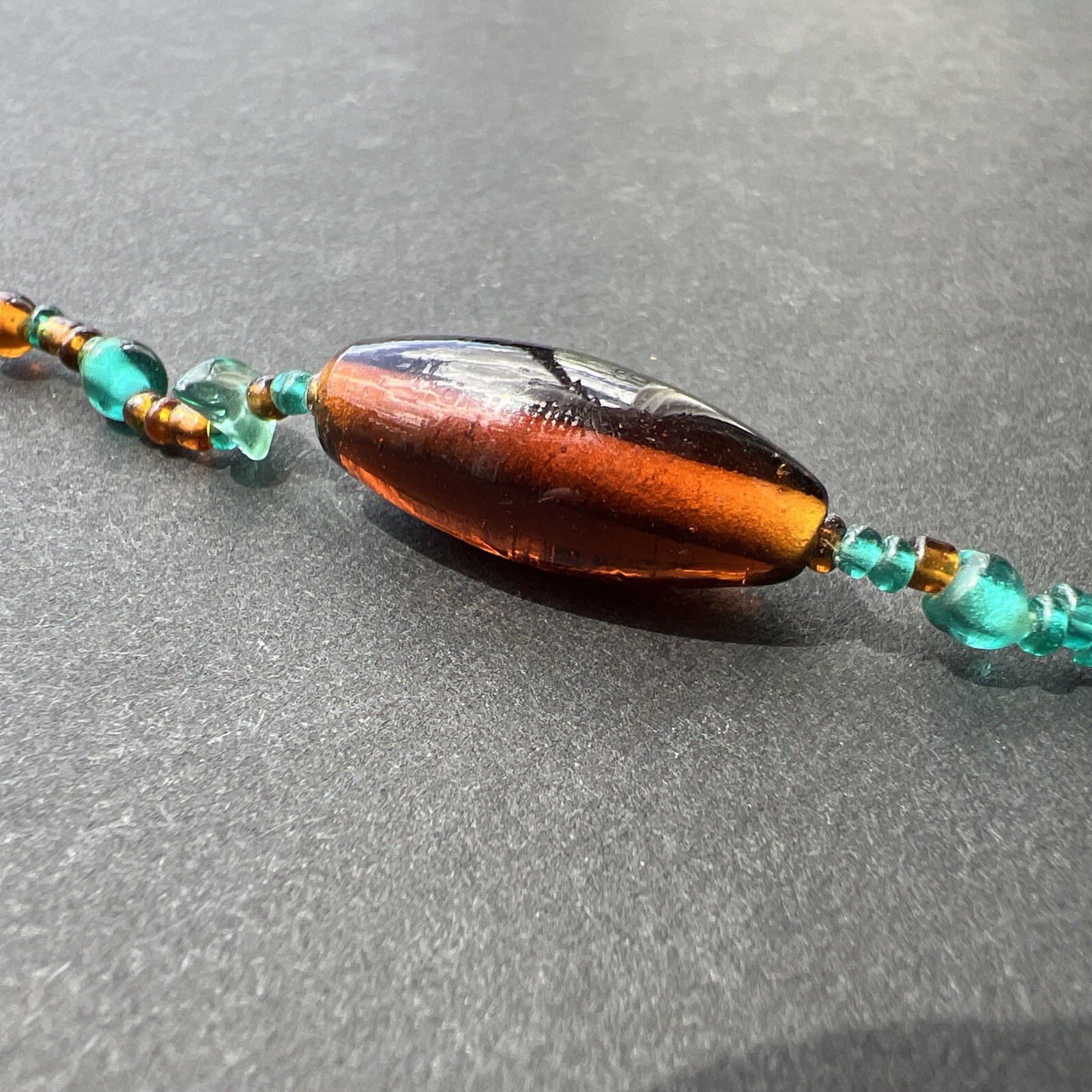 Vintage Amber Turquoise Glass Bead Necklace 28”