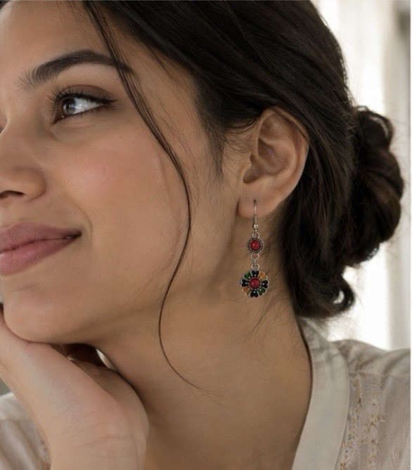 Silver Enamel Flower Drop Dangle Earrings Multicolour Boho Hippy Festival Gifts