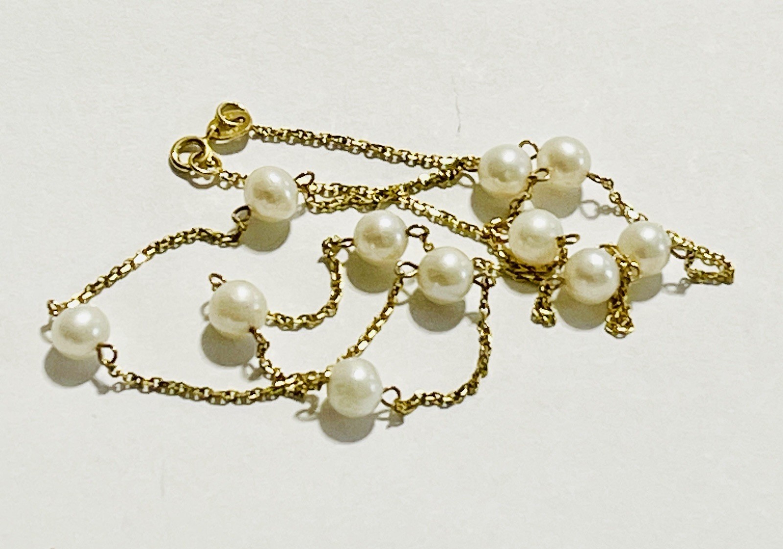 SOLID 14K YELLOW GOLD PEARL STATION CHAIN NECKLACE / 17″ LONG / 3.7 GRAMS