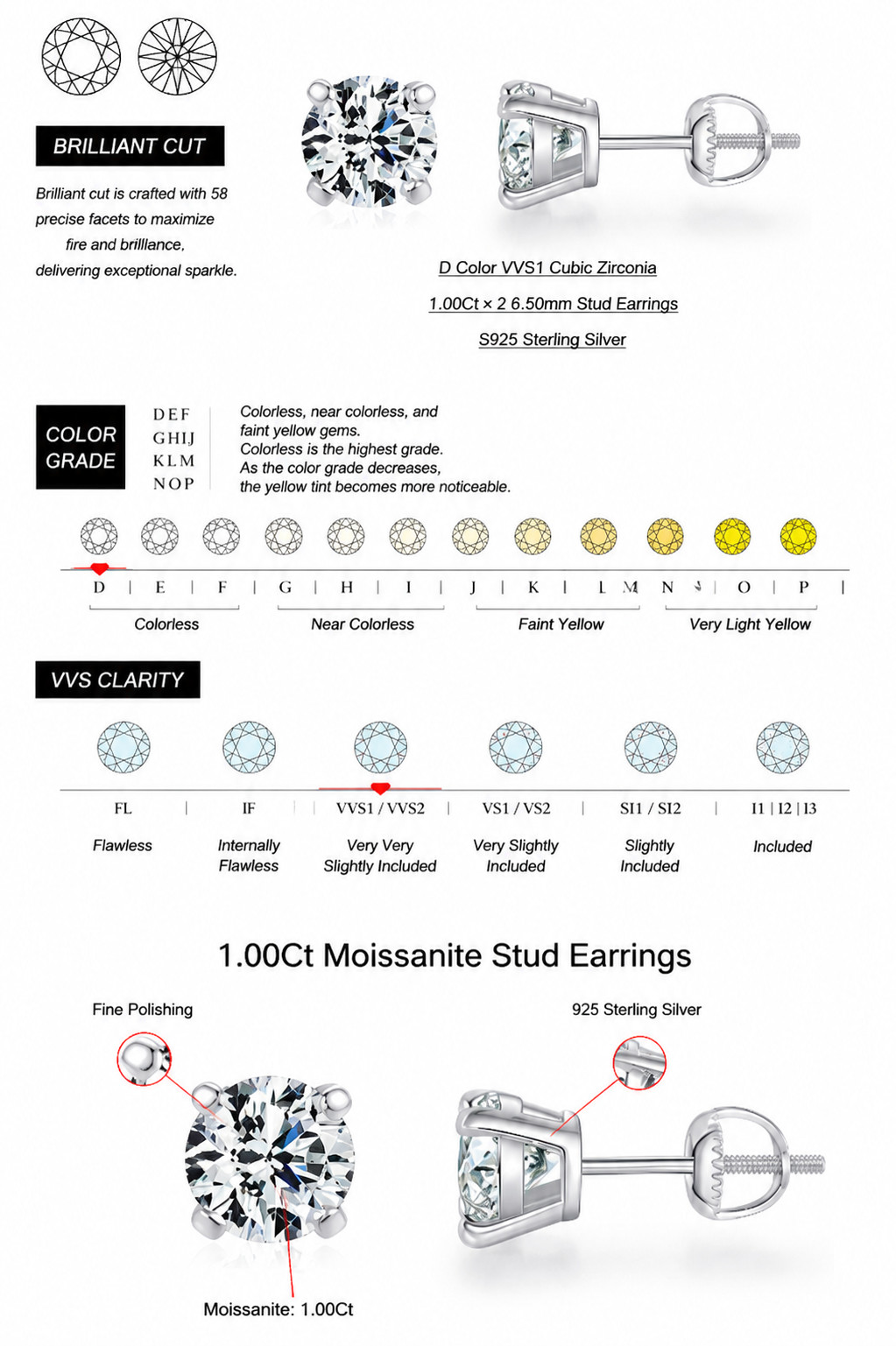 Moissanite Stud Earrings 925 Sterling Silver Screw Back D VVS1 GRA 1CT 2CT