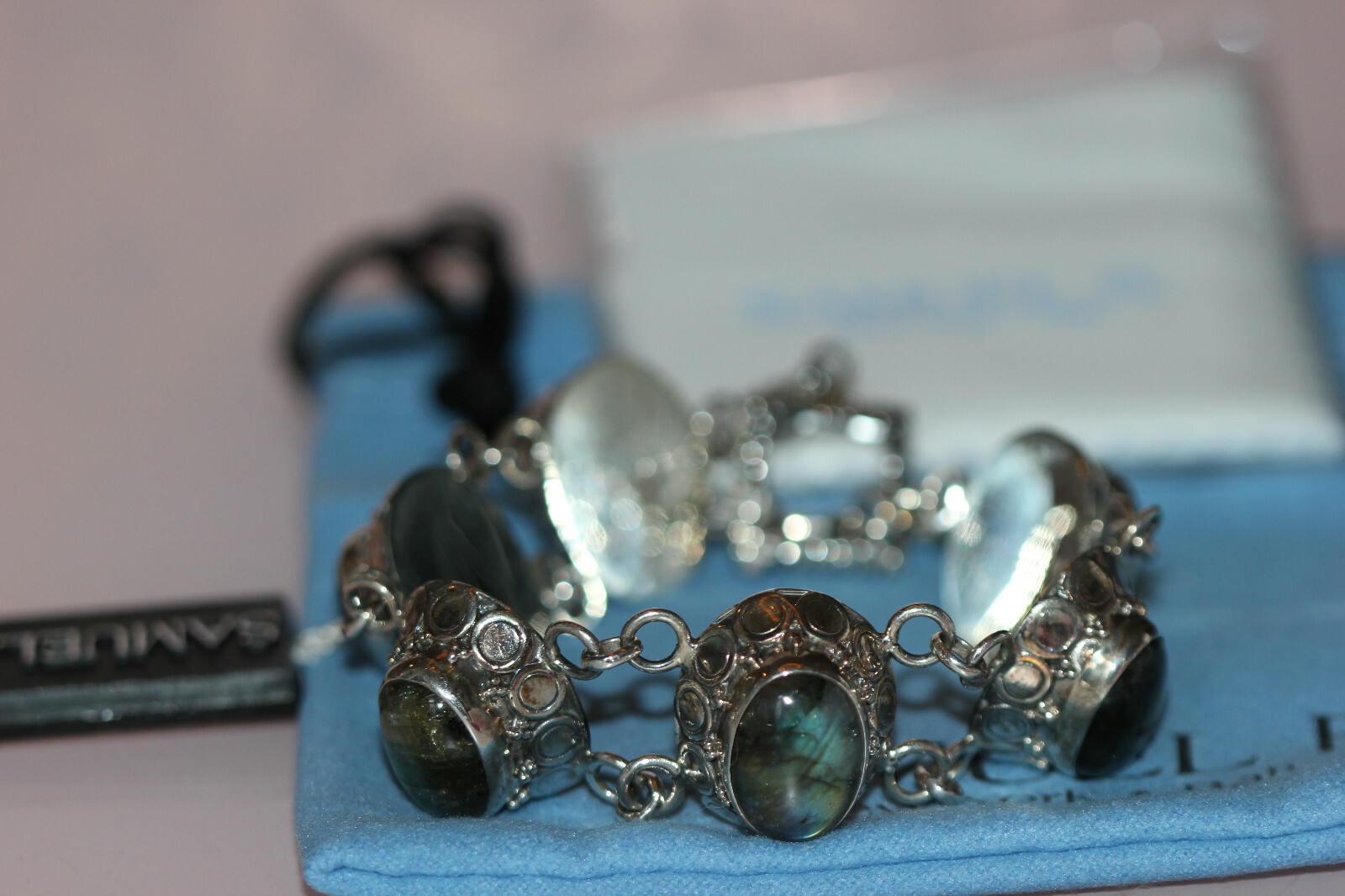 NWT Samuel B. Labradorite & Sterling Silver T-Bar Bracelet polish cloth/bag 7.5