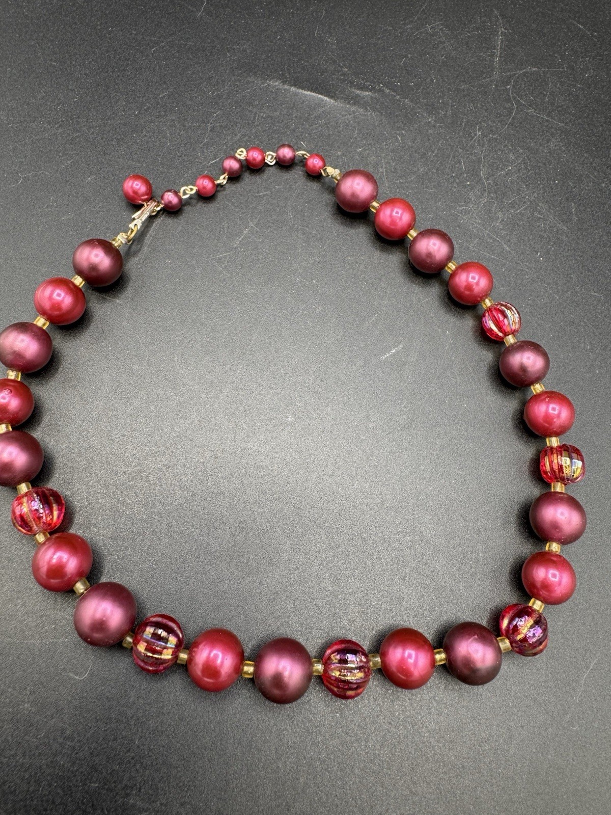 Vintage Cranberry Faux Pearl Glass Bead Necklace Japan Marked 17”
