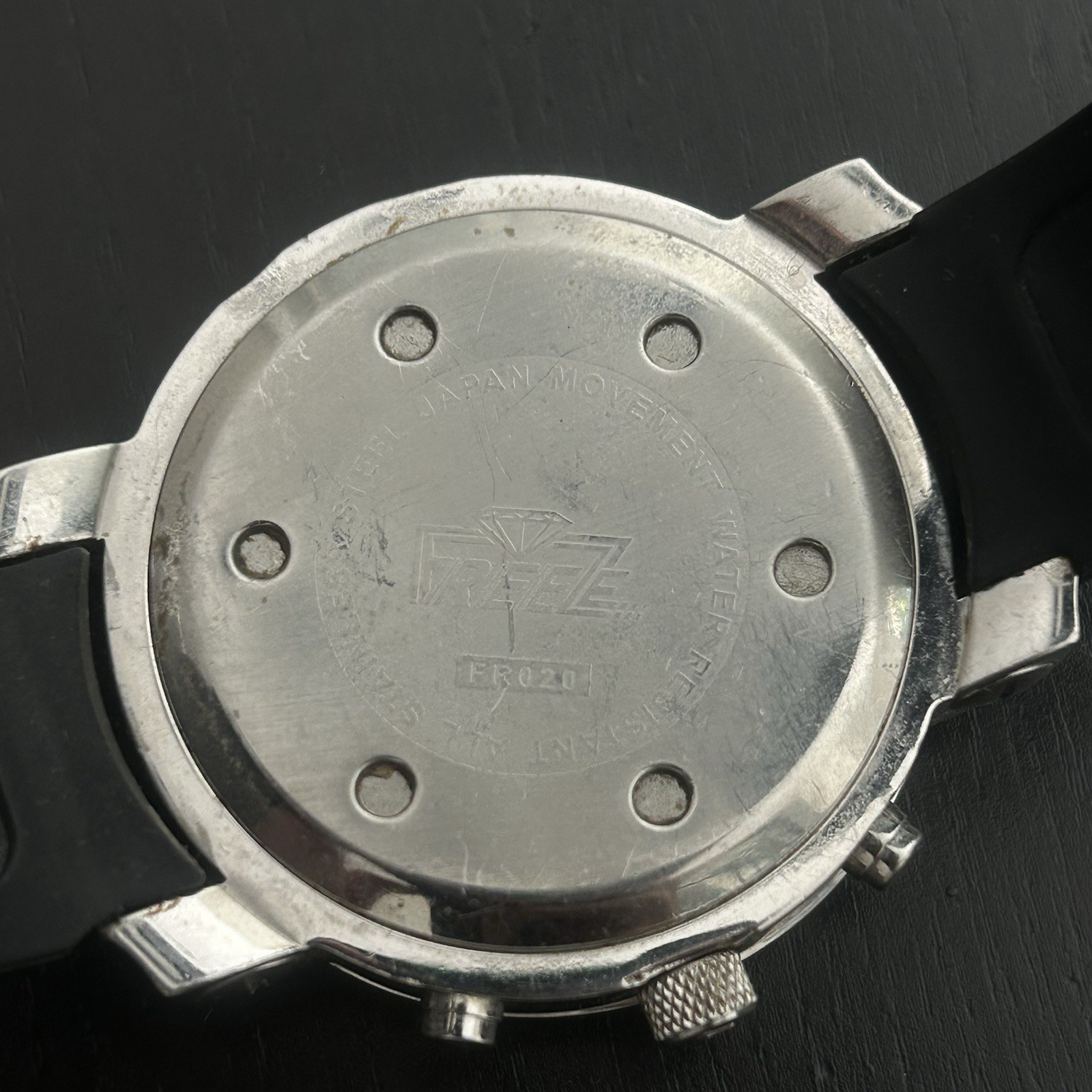 Frez FR020 Quartz Analog 45mm Date Silver Tone Diamond Bezel Black Strap