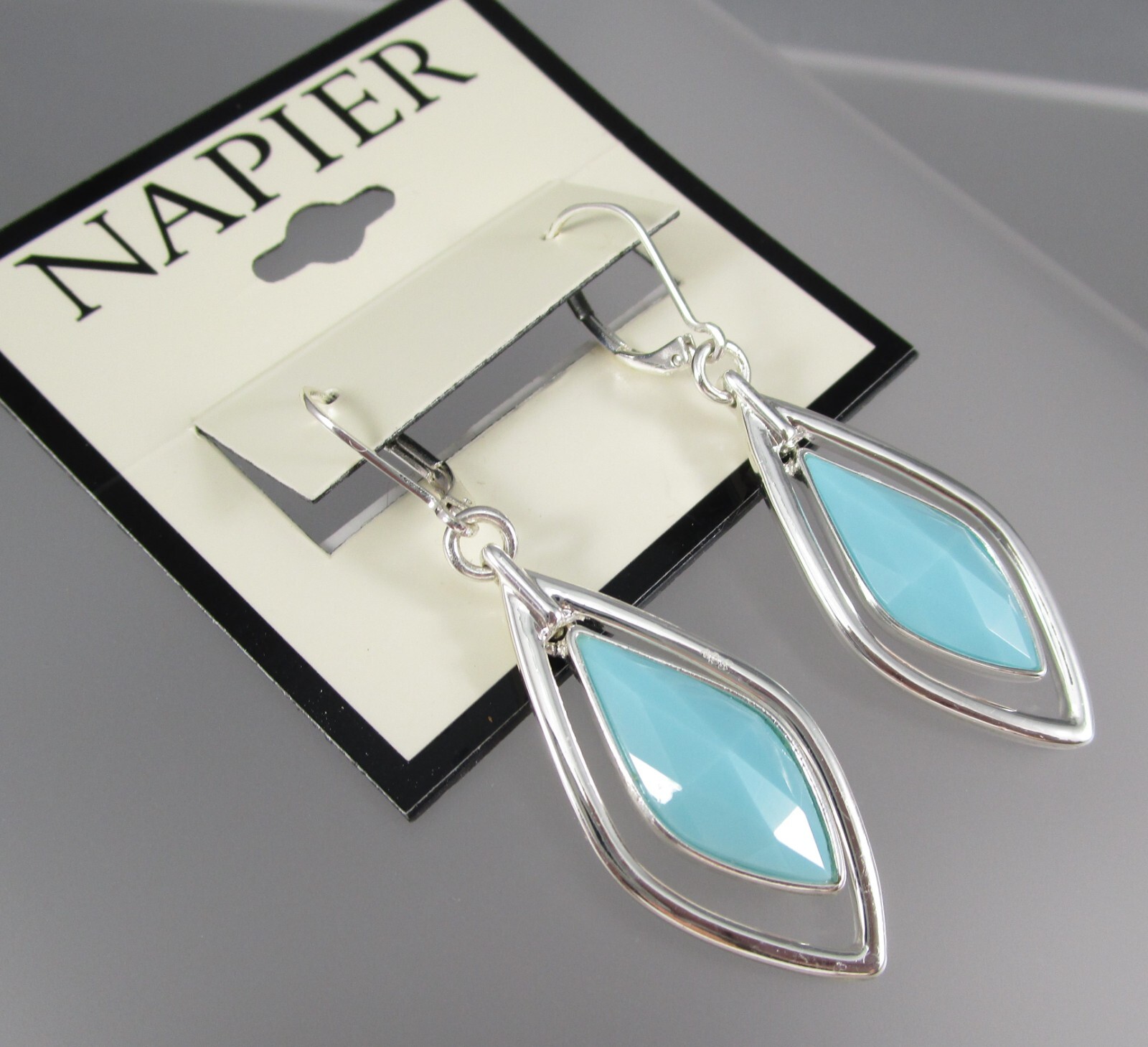 NWT NAPIER 2″ Dangling Aqua Blue Color Silver Tone Leverback Earrings 54R