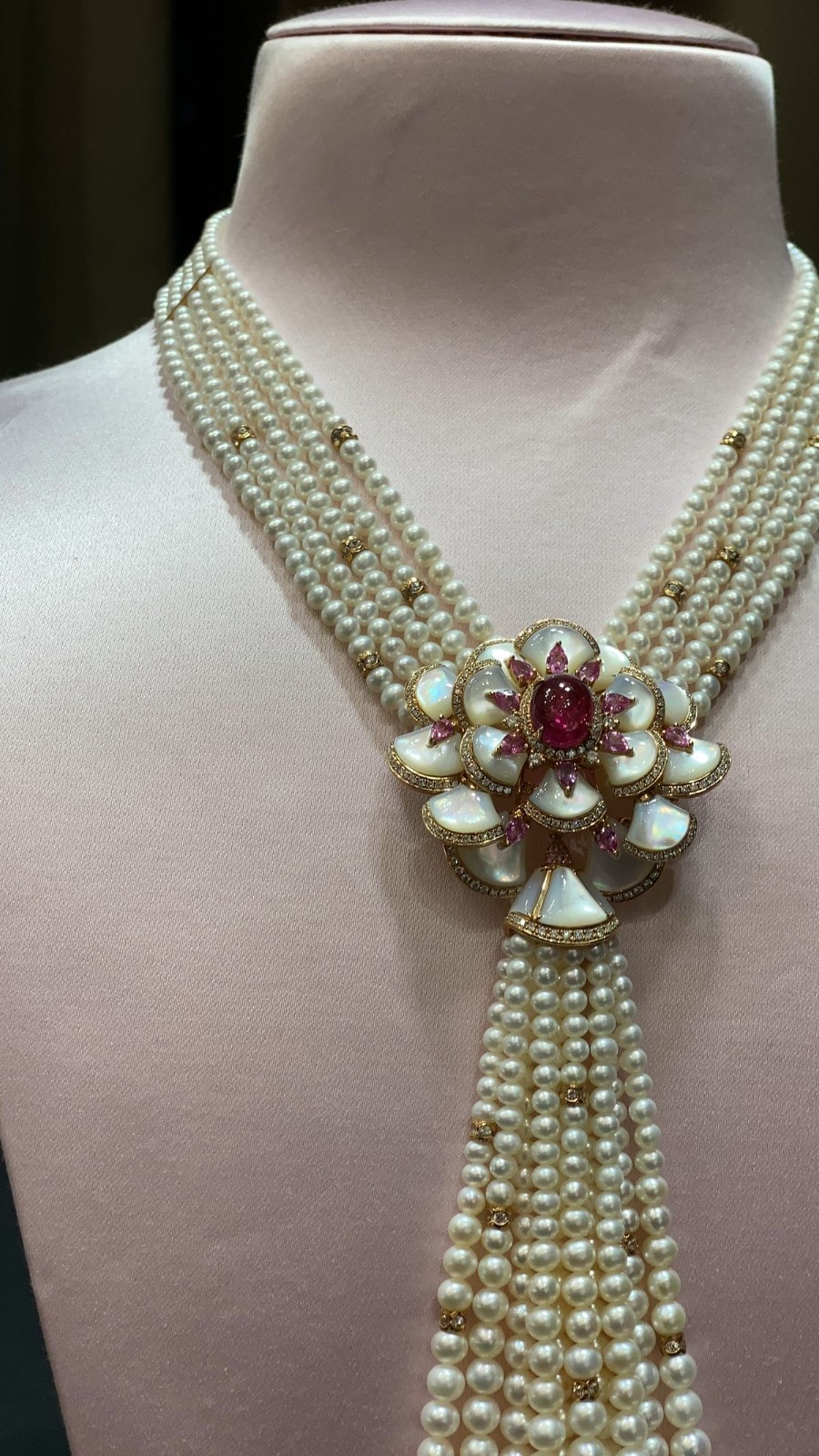 Women Layered Pearl & Ruby Tassel Necklace 925 Silver For Wedding Wear Jewelry