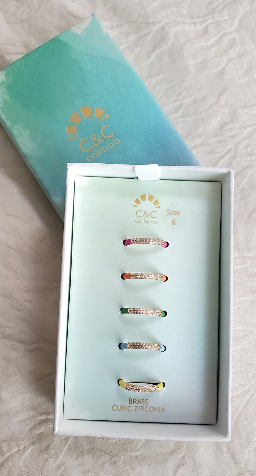 C & C California RING SET Colorful Enamel Brass Cubic Zirconia 5 Rings NEW SZ 8