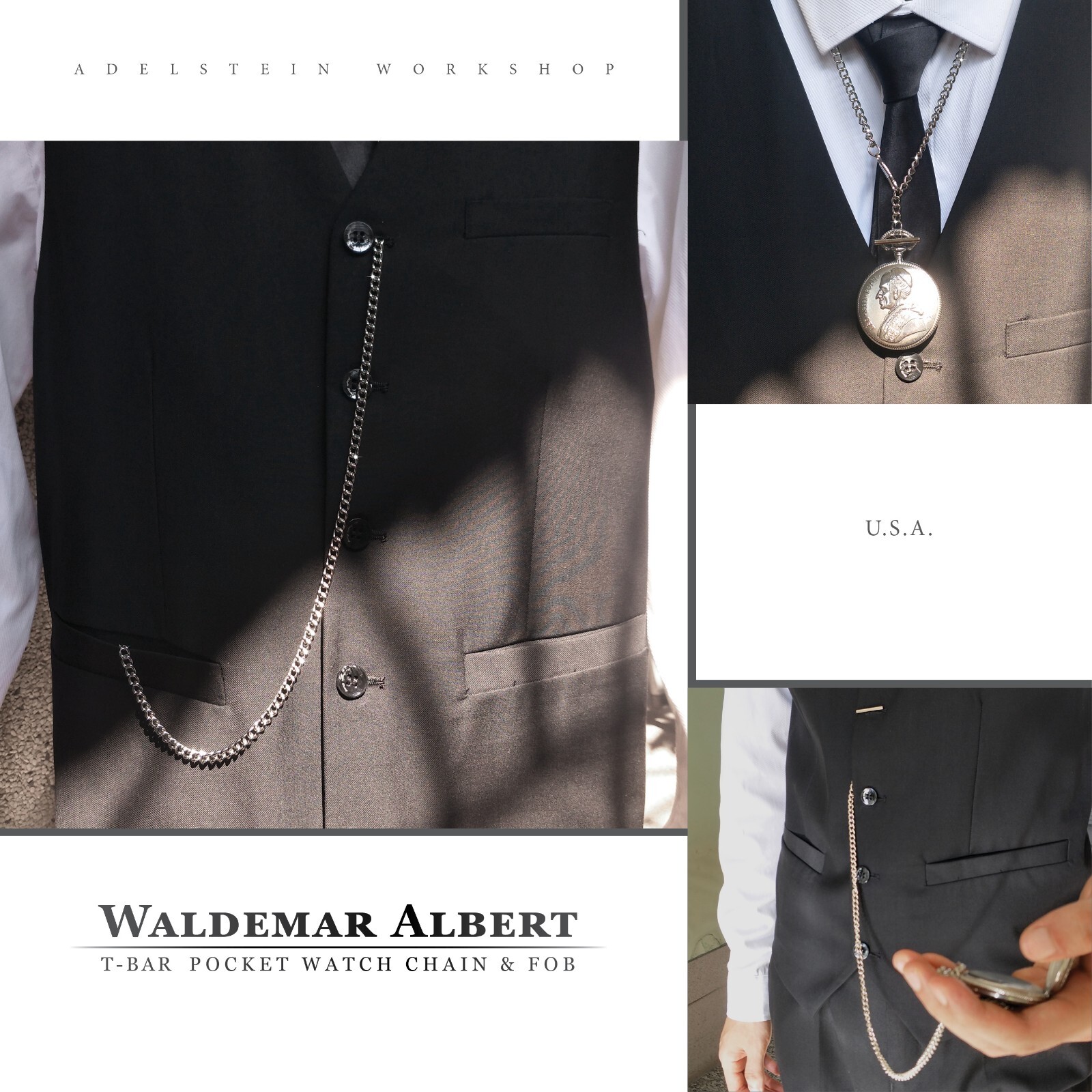 T-Bar Prince Albert Silver-Plated Vest-Pocket Watch Chain