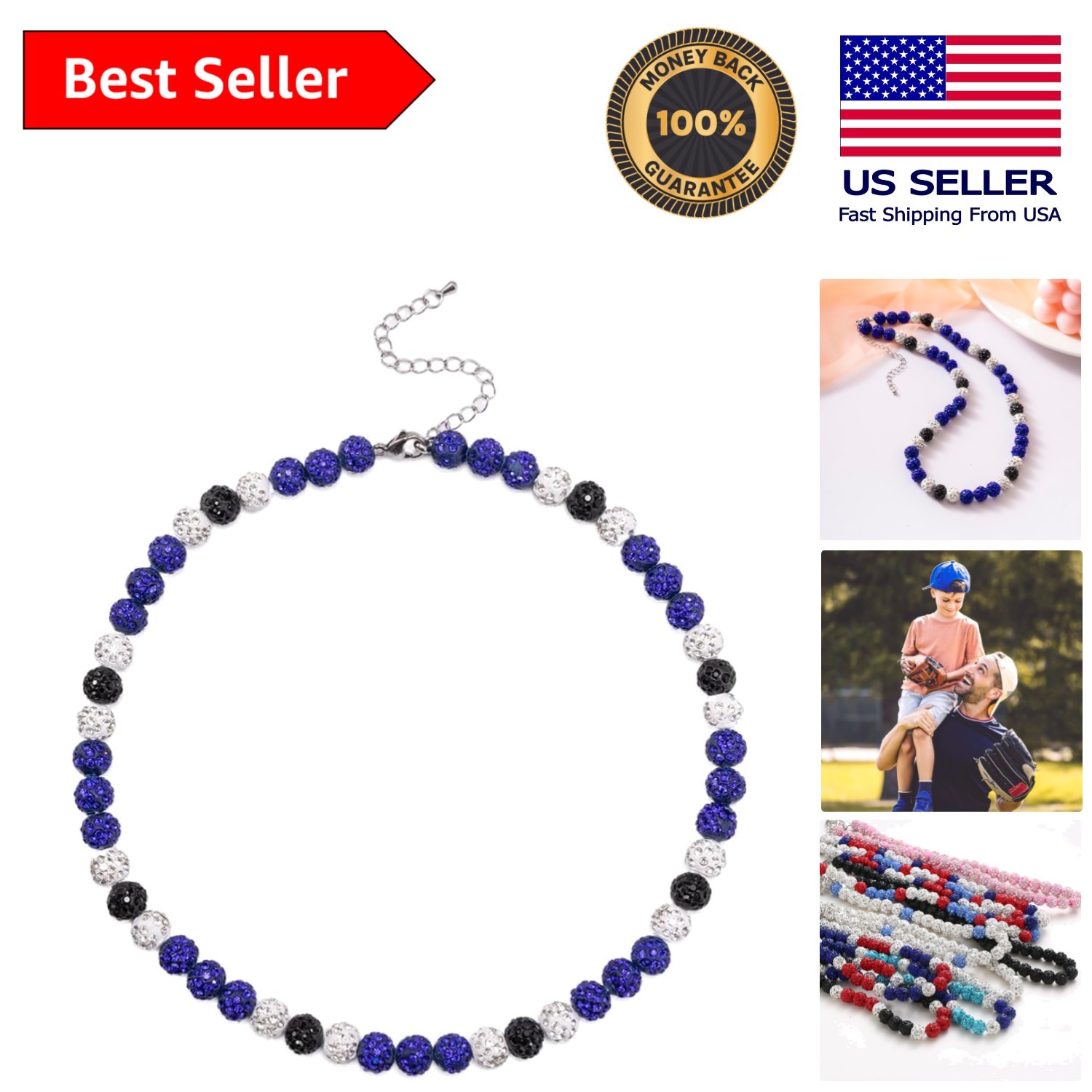 Baseball Enthusiast Adjustable Necklace – Navy Blue Bling Jewelry for All Ages