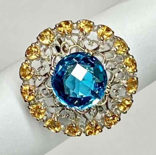 14k White Gold Ring, 9.6mm Blue Topaz, multiple Citrine stones (Size 7) 6 gram