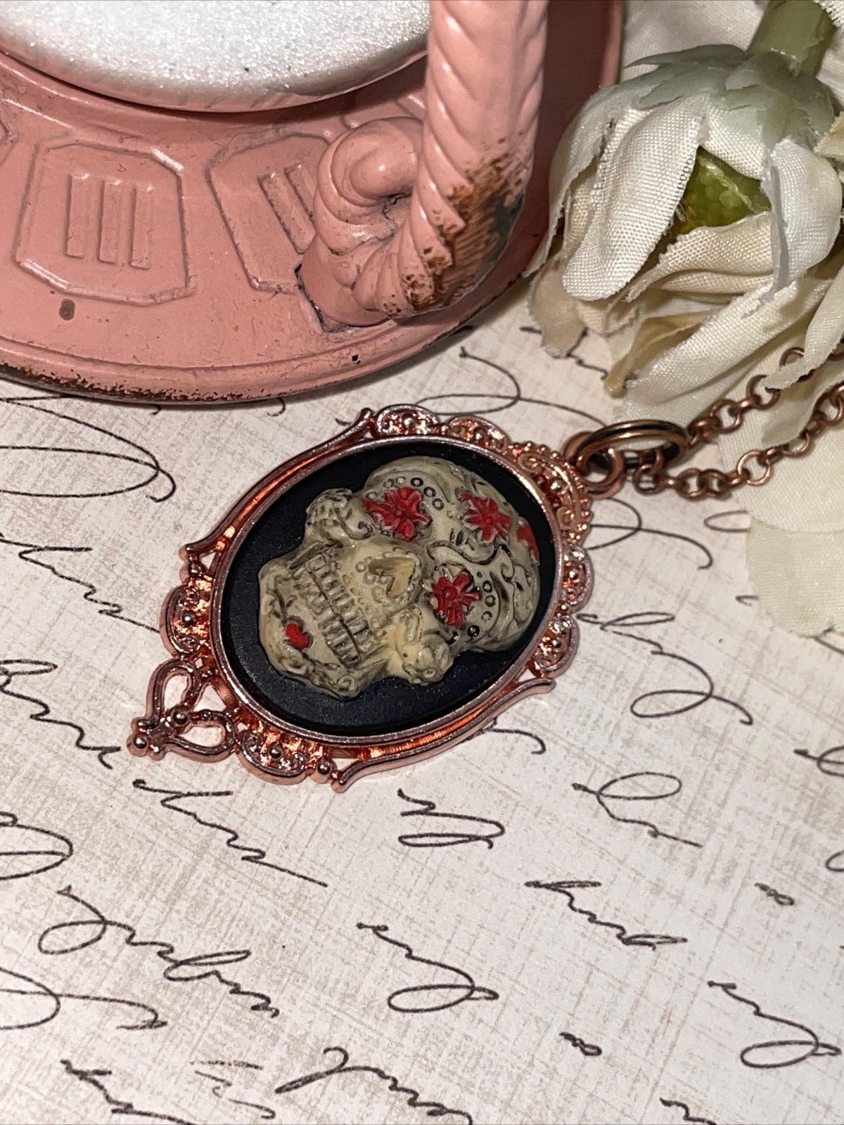 Sugar Skull Gothic Heart Wedding Rose Gold Party Birthday gift necklace Cameo