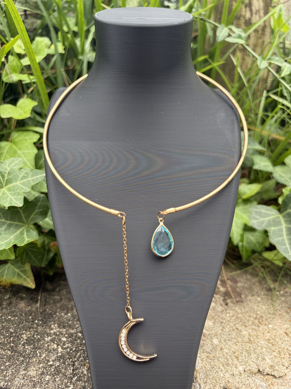 Gold Tone Crescent Moon Teardrop Aquamarine Rhinestone Open Collar Choker