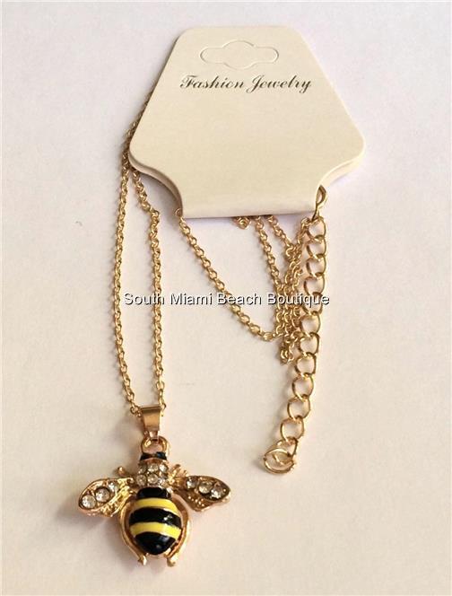 Gold Bumble Bee Necklace 18″ Crystal Insect Queen Bea Plated USA Seller