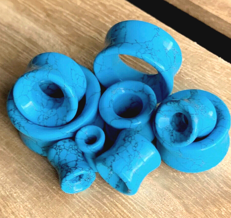 PAIR Synthetic Turquoise Stone Tunnels Double Flare Plugs Earlets Gauges