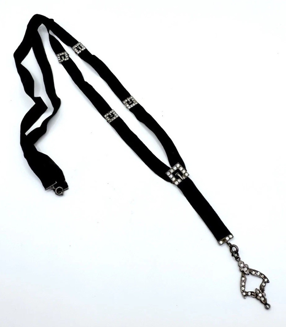 Victorian Sterling Silver Black Silk Ribbon Sautoir Necklace Antique Jewelry