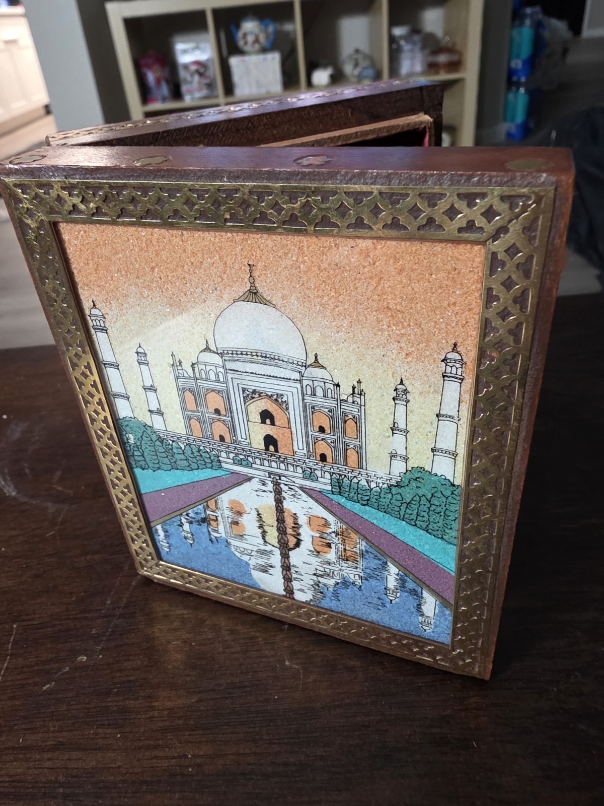 Indian Taj Mahal Glass Gemstone Painting Jewelry Box With Brass Border