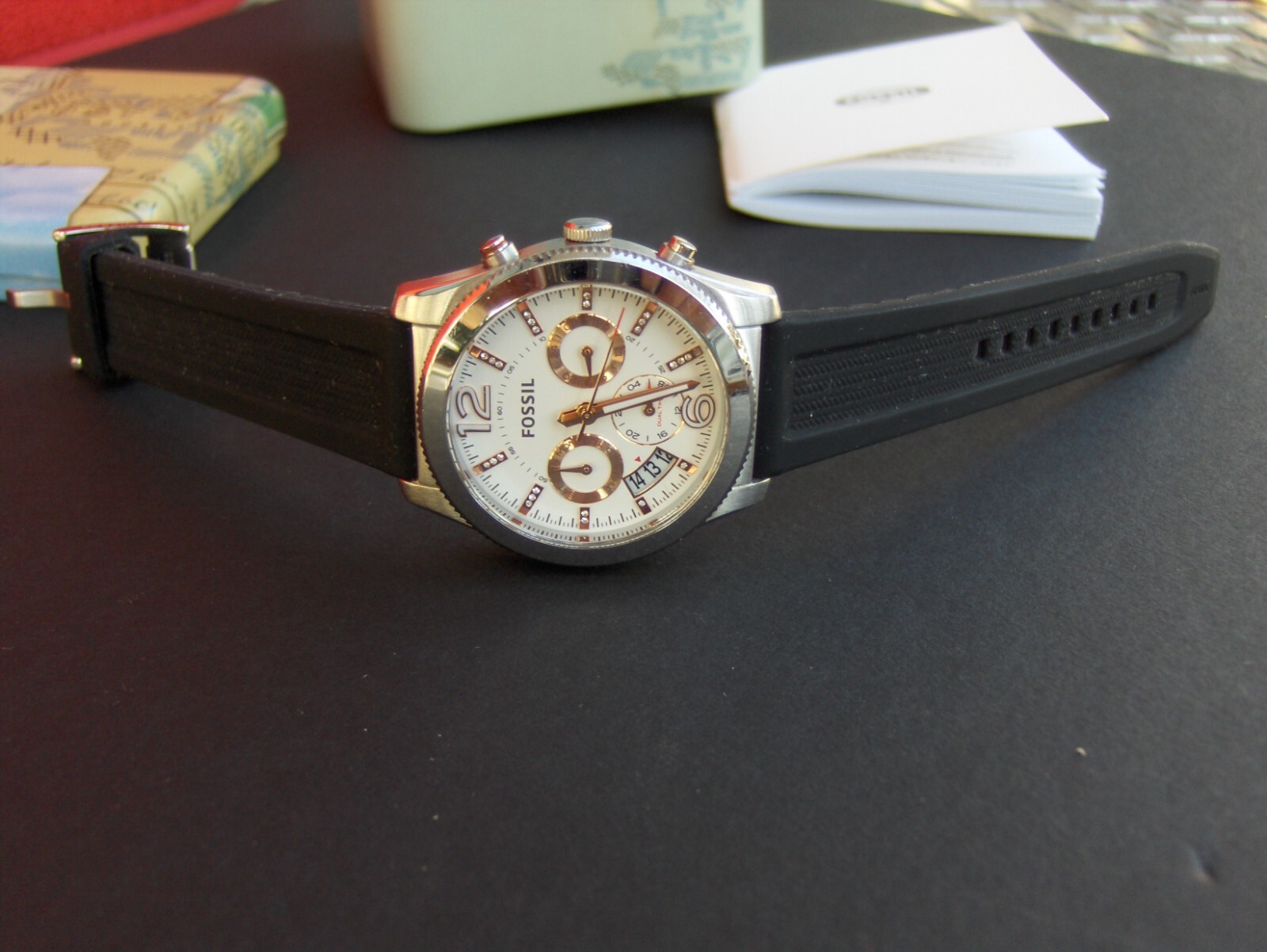 FOSSIL ES 4250 BOYFRIEND 3 EYE CHRONOGRAPH SWAROVSKI CRYSTAL MARKERS DATE WINDOW