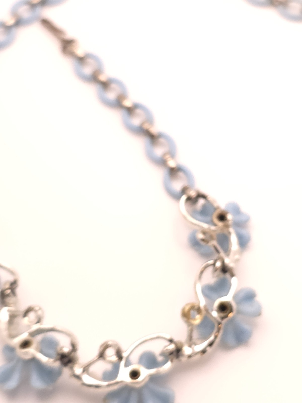 Silver Tone Blue Flower Pendant Necklace Rhinestone Crystal Cable Chain Hook