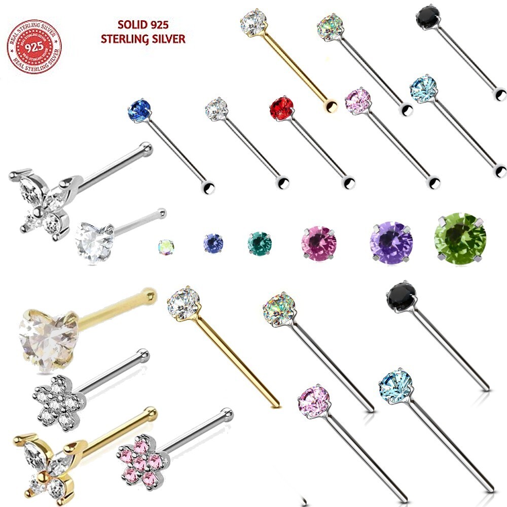 925 Sterling Silver Straight nose bone Stud Ring 1MM 1.5MM 2MM 2.5MM CZ 24G