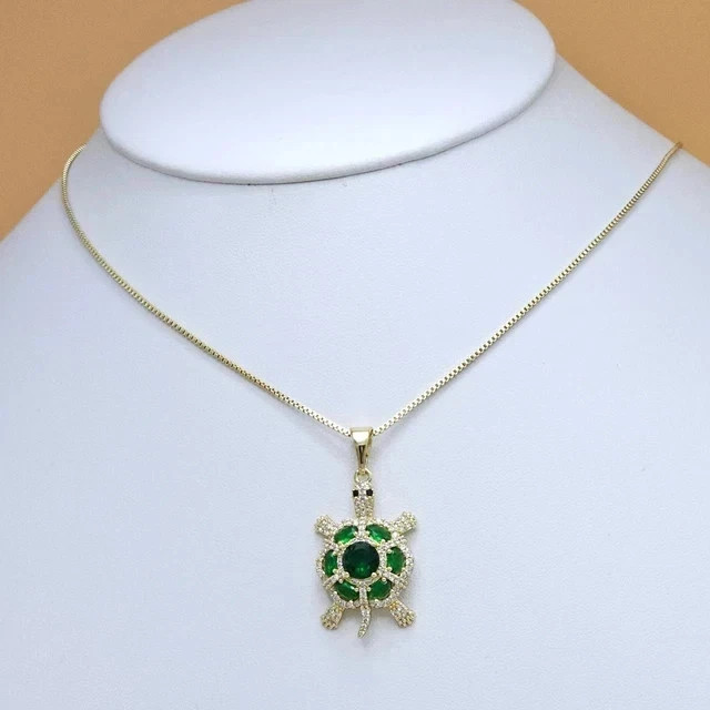 Lab Created Green Emerald 14K Yellow Gold Plated 2Ct Round Women Turtle Pendant