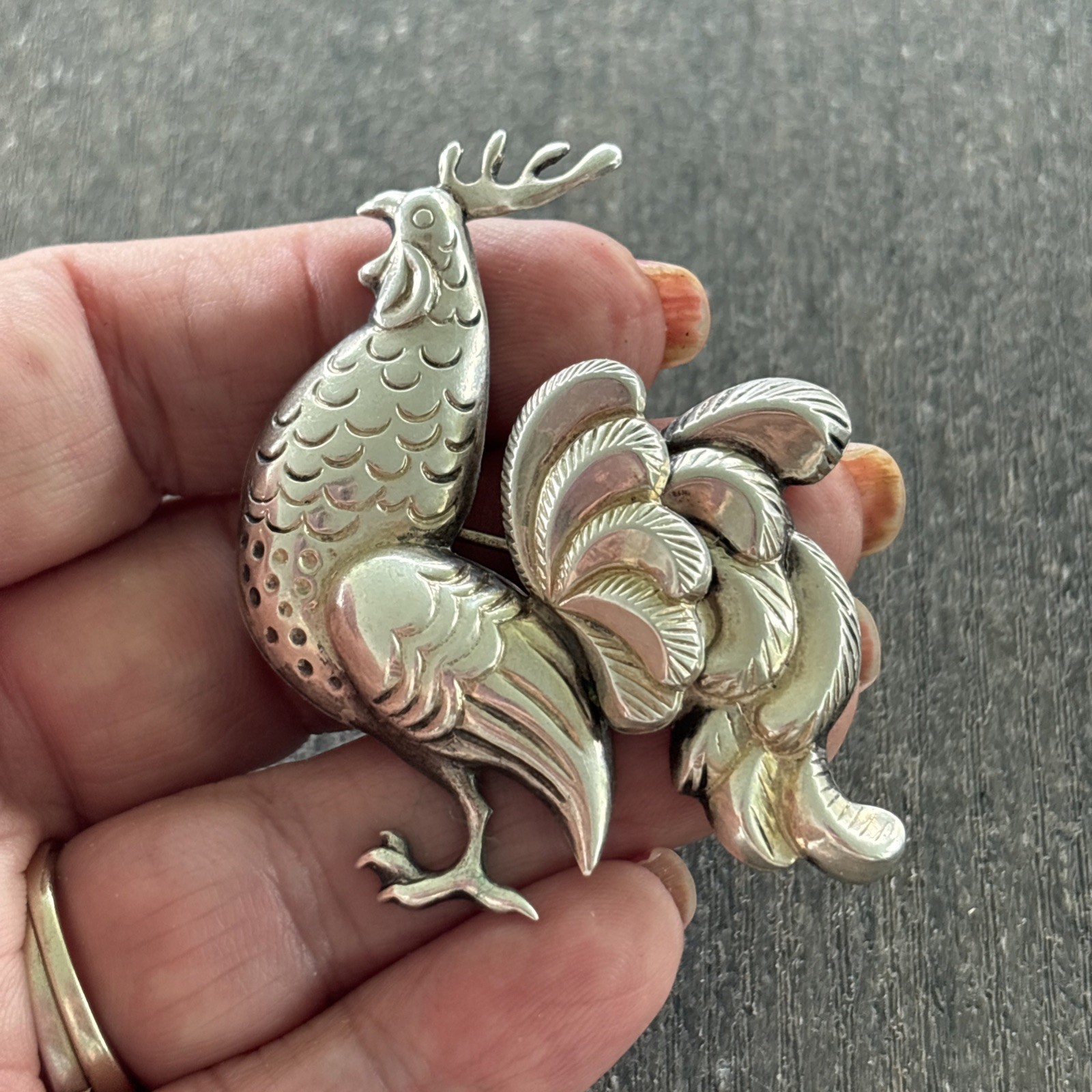 Sterling Silver Large Rooster Pin Brooch Marked Lang 10.6 Grams 2.25” x 2”