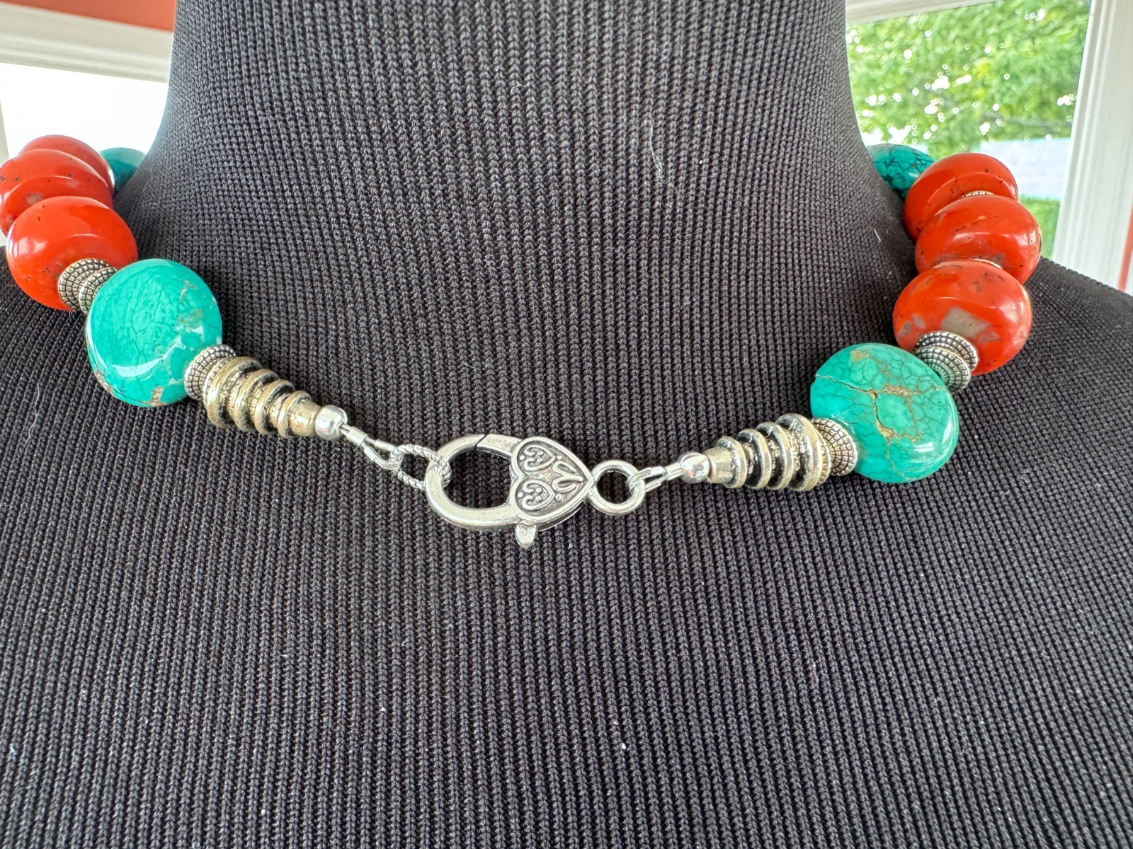 Silver Garuda pendant strung with natural coral and turquoise