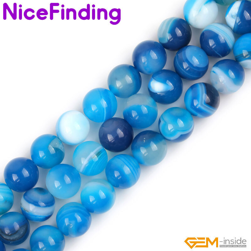 Natural Round Blue Smooth Sardonyx Agate Banded Beads For Jewelry Making 15”