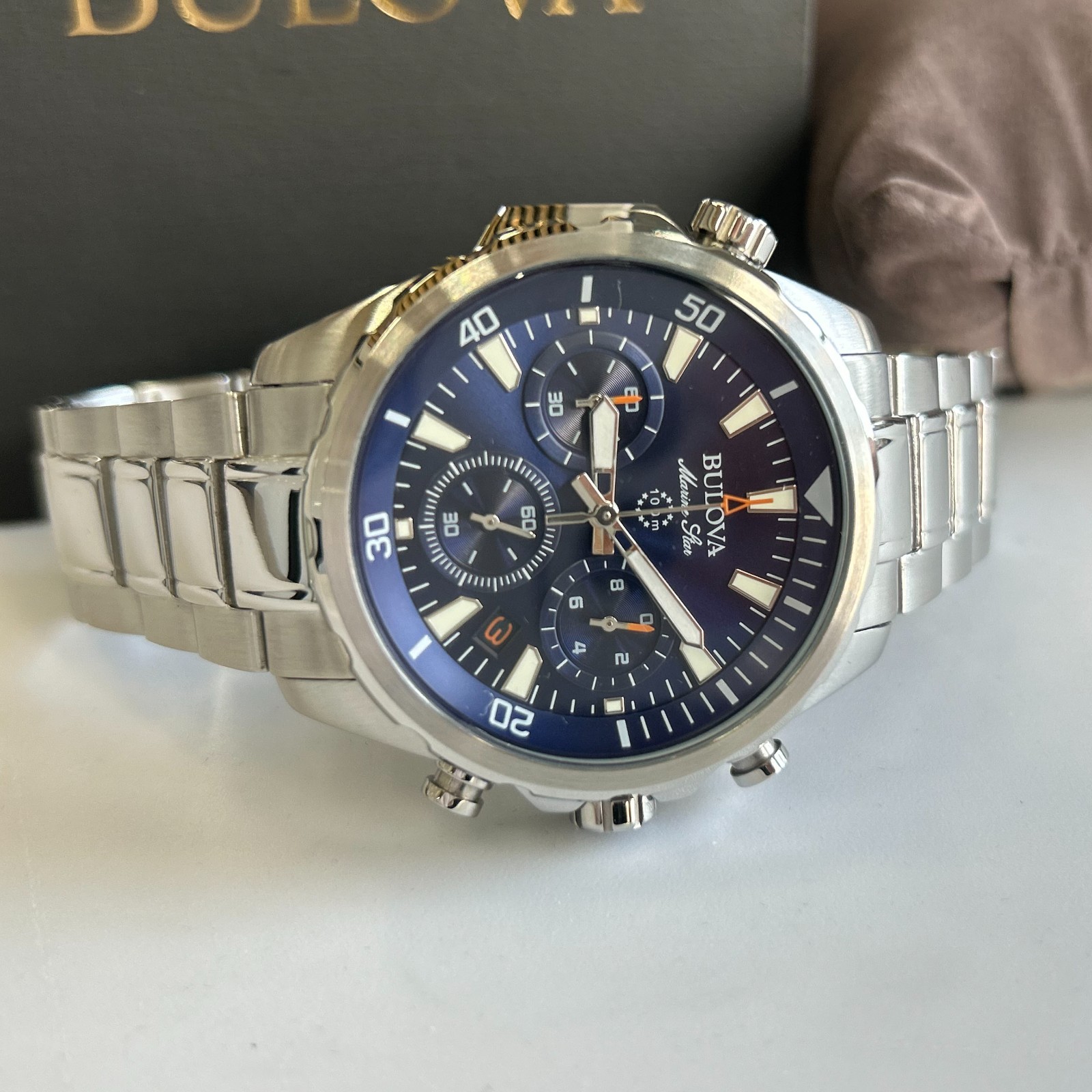 Bulova Marine Star 96B256 Blue Dial Men’s Chronograph Quartz Watch New/Box 43mm