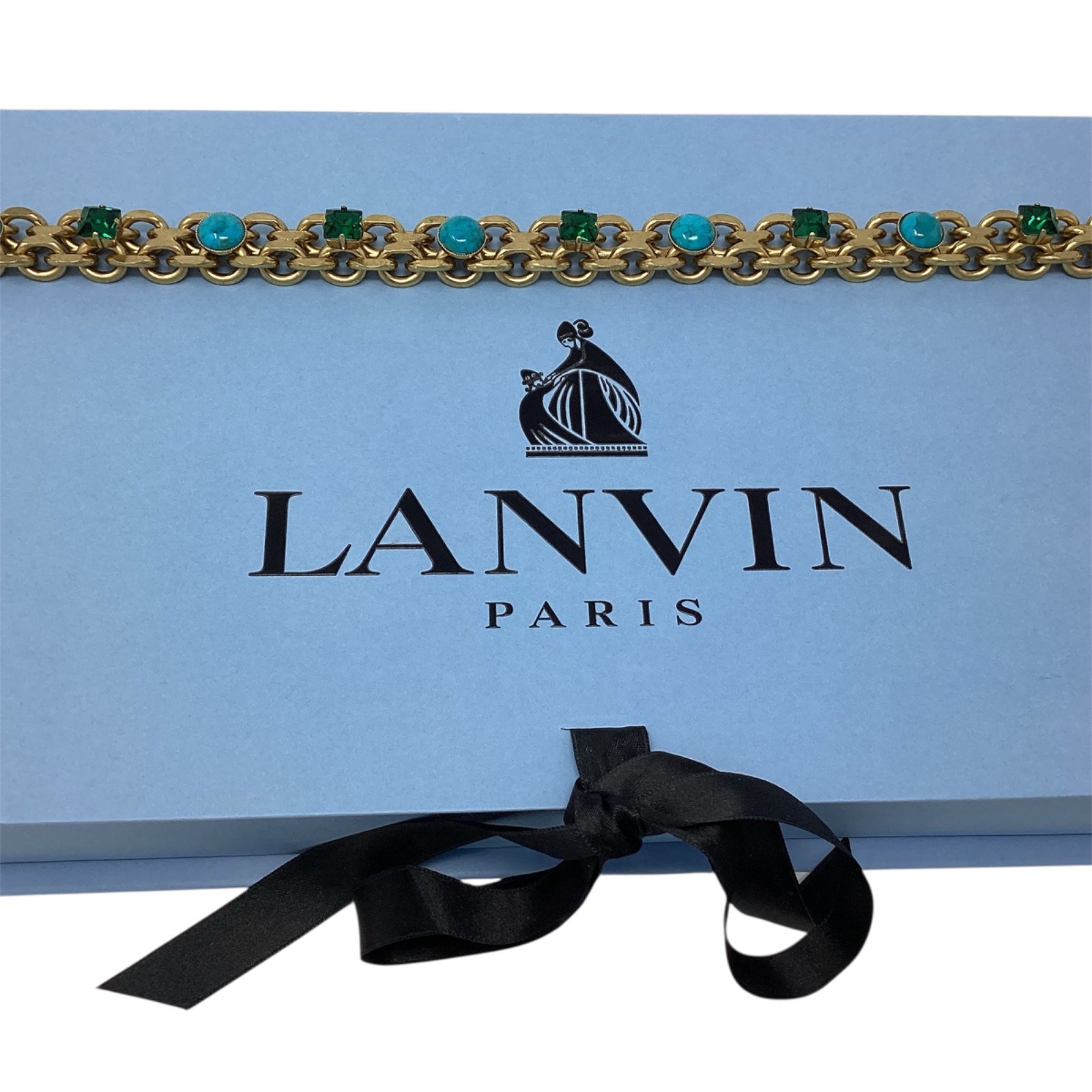 Lanvin Necklace 16″ Turquoise & Emerald Green Ribbon Statement Gold-Tone Short