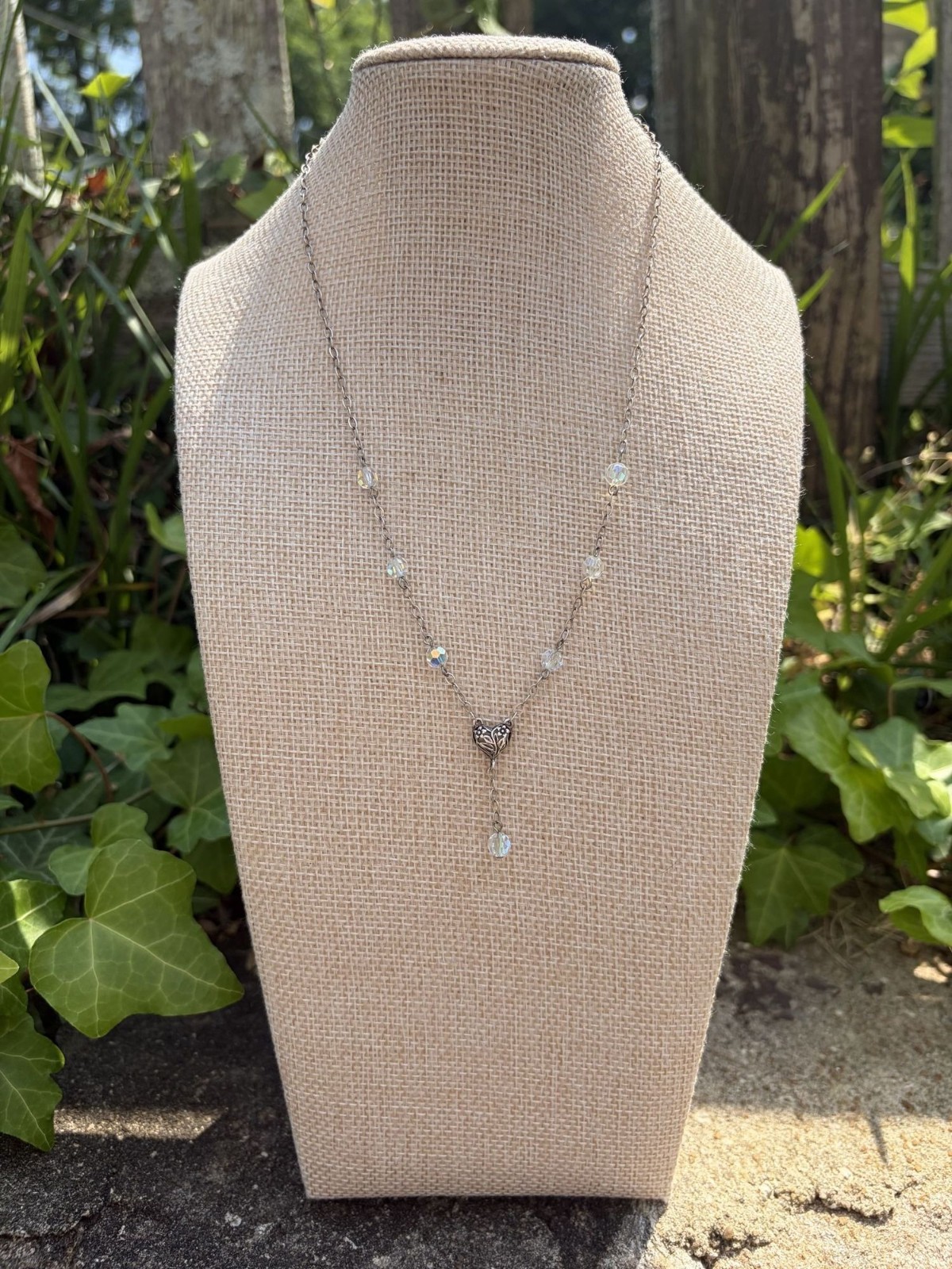 Sterling Silver Lariat Necklace Openwork Heart Pendant Faceted Crystals