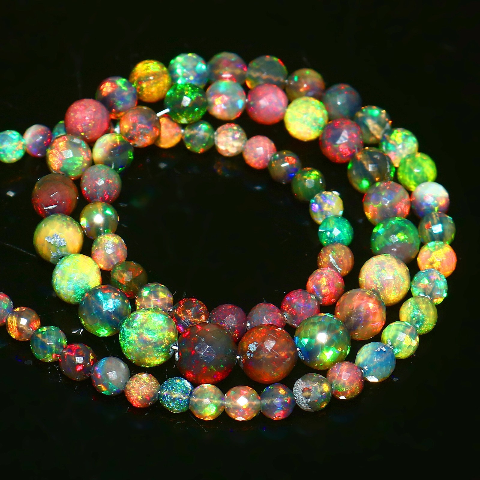 Ethiopian Welo Opal Faceted Round Bead Necklace Multi-Color Play of Fire 561