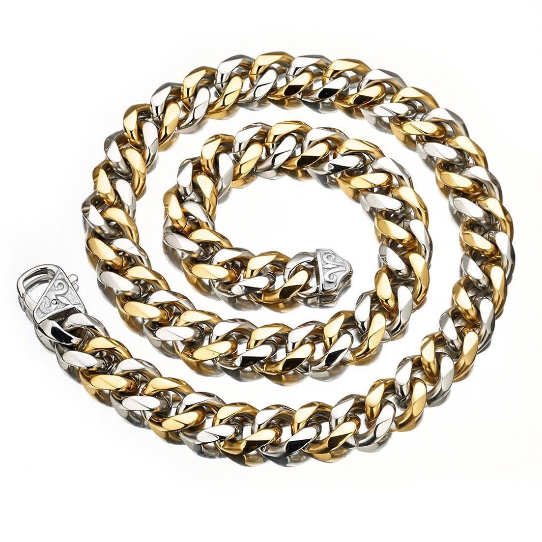 15mm Stainless Steel Gold Plated Curb Cuban Chain Necklace Bracelet Link
