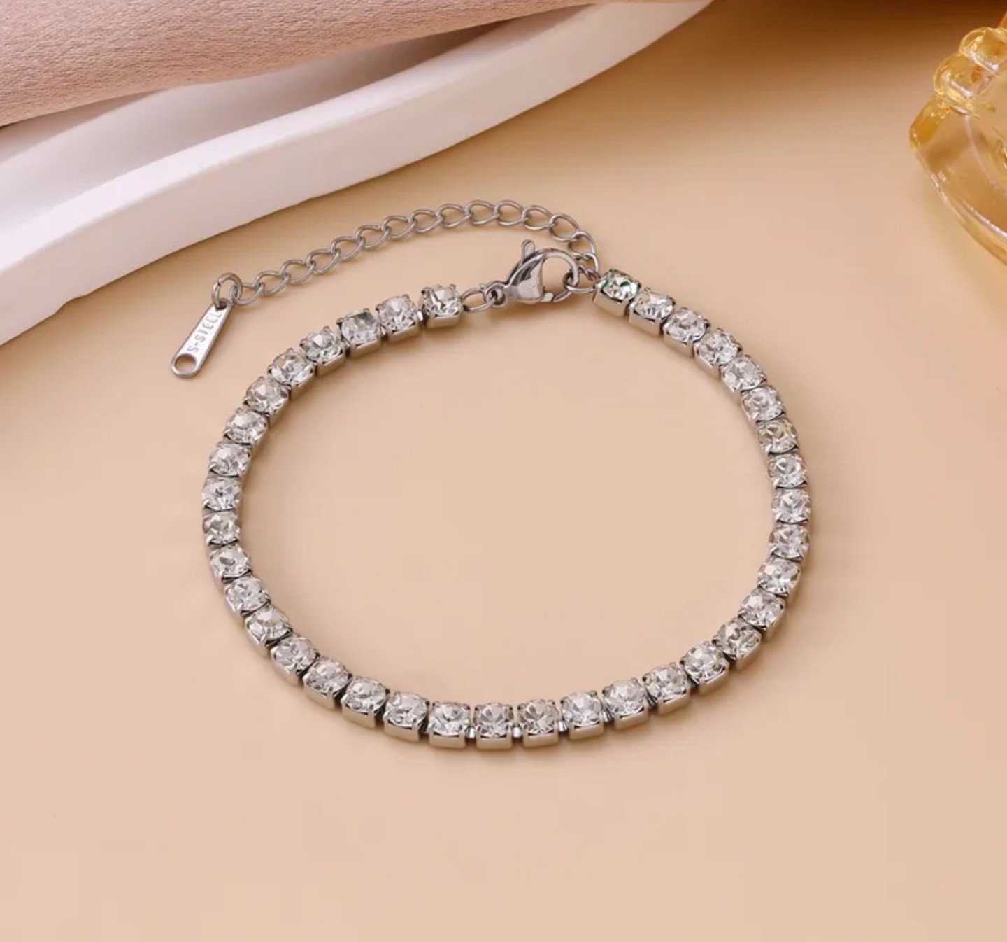 Silver Tone Stainless Steel CZ Tennis Bracelet w/ Extender, Adjustable 7.6-8″