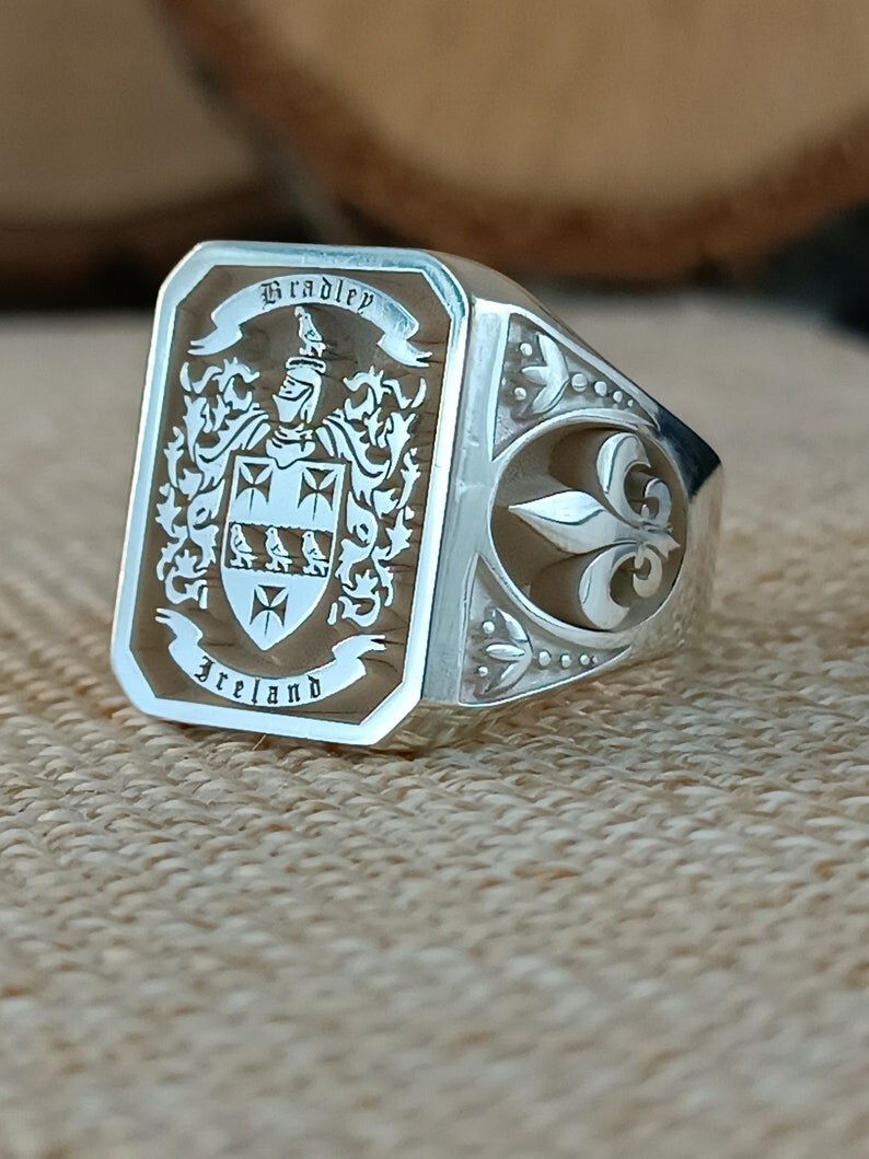 Custom Engraved Family Crest Ring, Personalized Coat of Arms Jewelry