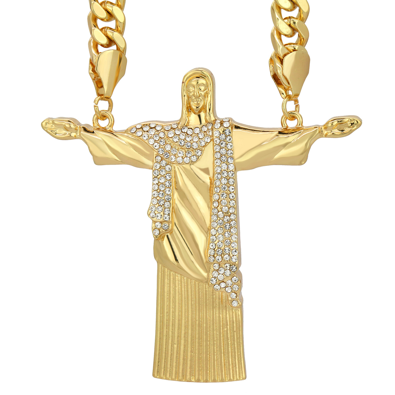 Gold Plated Huge Christ The Redeemer Pendant Cubic-Zirconia 30″ Cuban Chain