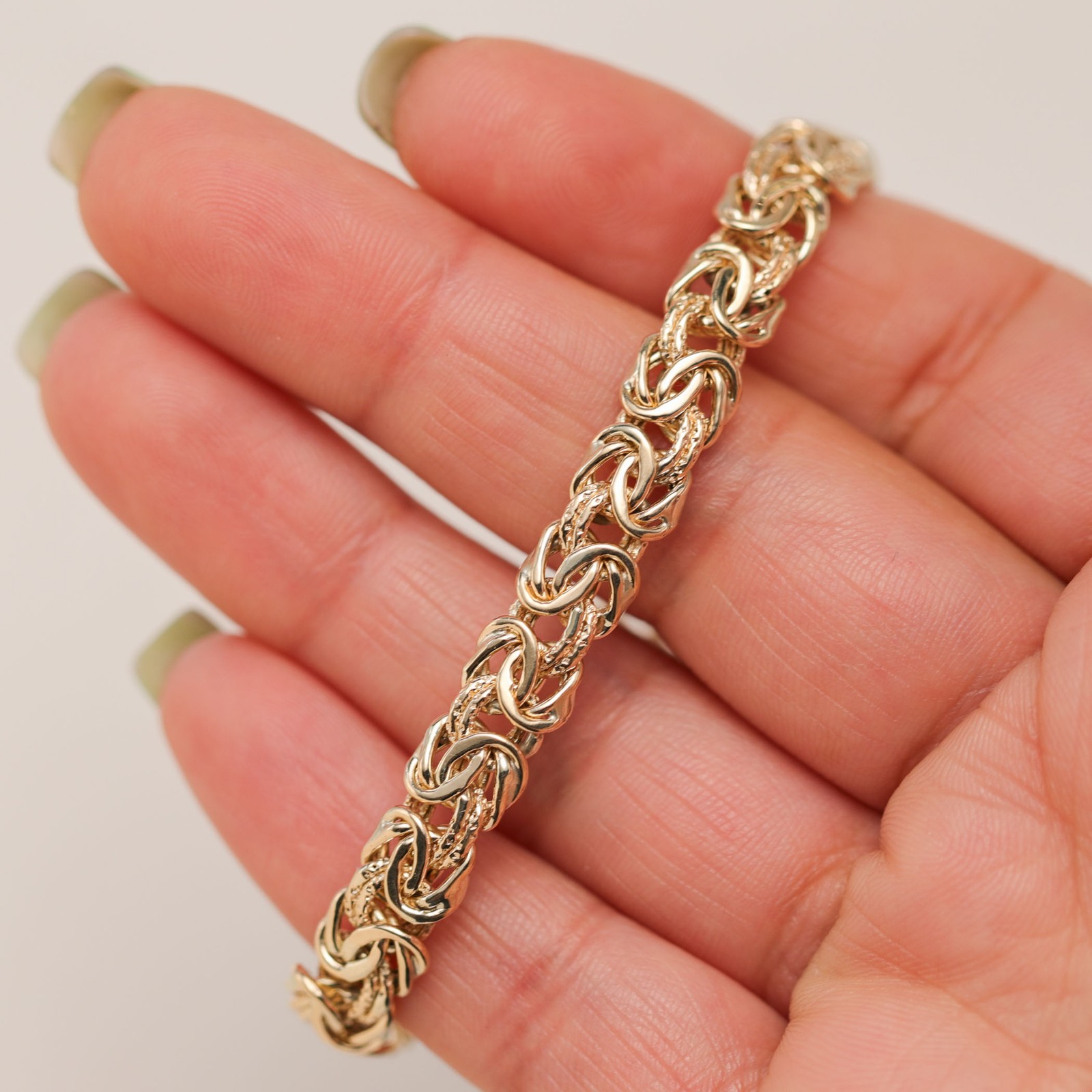 10K GOLD 7mm Textured Byzantine Chain Bracelet Fancy Lock Yellow Gold