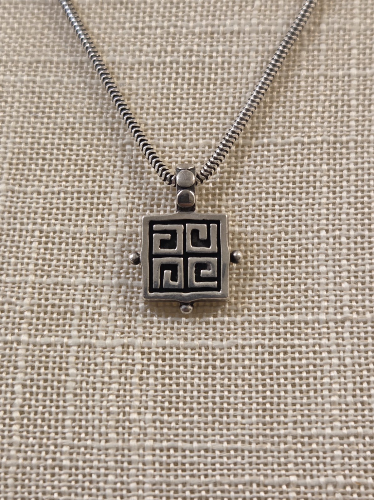 Unique Vintage Sterling Silver Greek Key Pendant Snake Braid Sterling Chain 21″