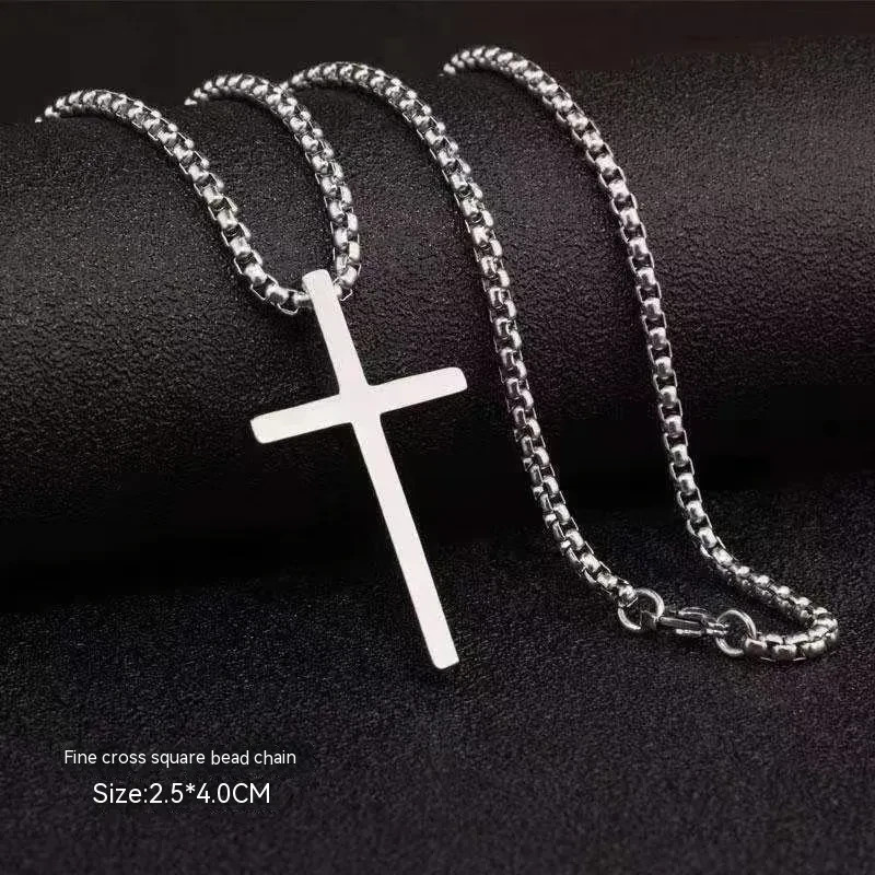 Glossy Titanium Steel Cross Necklace Men Silver Long Chain Pendant Unisex Jewelr